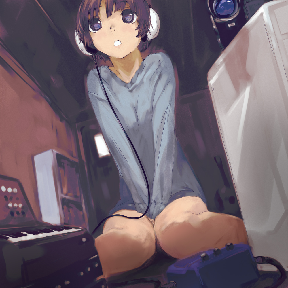 nimirom, original, bad id, bad pixiv id, 1girl, :o, between legs, bottomless, brown hair, camera, female focus, hand between legs, headphones, kneeling, purple eyes, short hair, solo, sweater