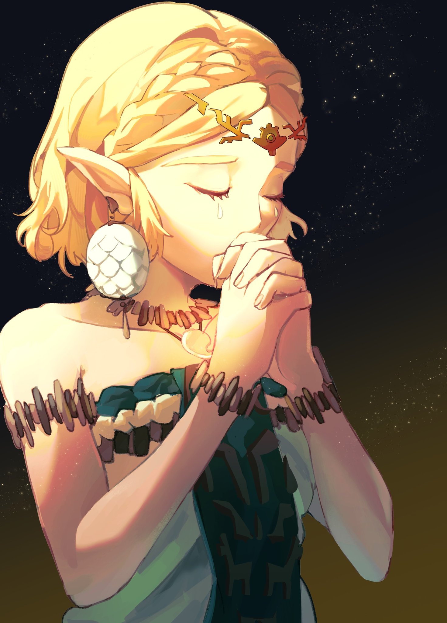 frost mourne, princess zelda, nintendo, the legend of zelda, the legend of zelda: tears of the kingdom, highres, 1girl, armlet, bare shoulders, bracelet, braid, breasts, circlet, closed eyes, crown braid, dress, earrings, jewelry, medium breasts, own hands clasped, own hands together, parted bangs, pendant choker, pointy ears, praying, short hair, sidelocks, solo, strapless, strapless dress, teardrop facial mark, upper body