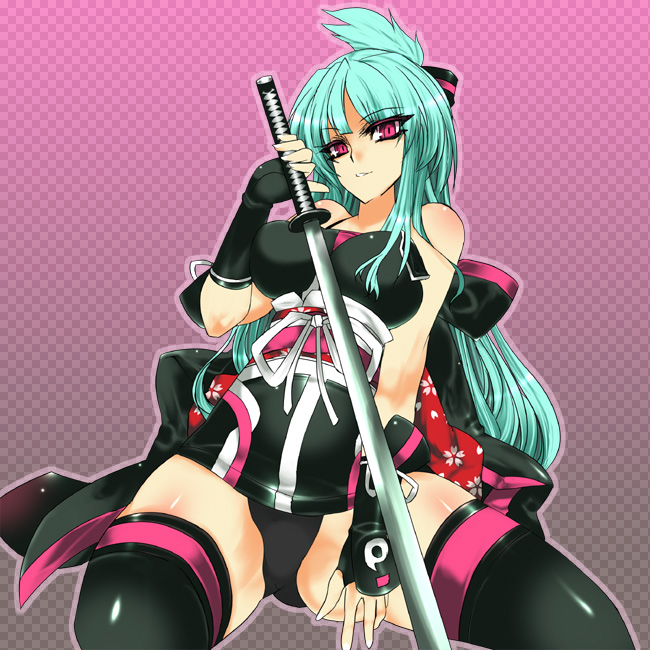 aoguu, kanzaki saya, beatmania iidx, bemani, aqua hair, chokuto, gloves, katana, kneeling, long hair, ninja, pink eyes, solo, sword, thighhighs, weapon