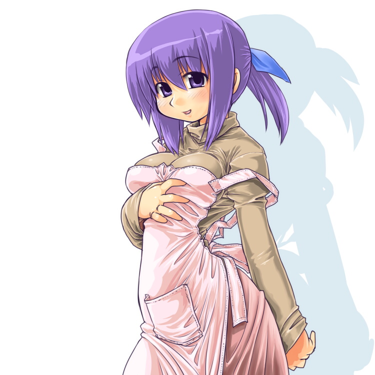 dd (ijigendd), nt-tan, os-tan, bad id, bad pixiv id, apron, blush, breasts, large breasts, purple eyes, purple hair, smile, solo