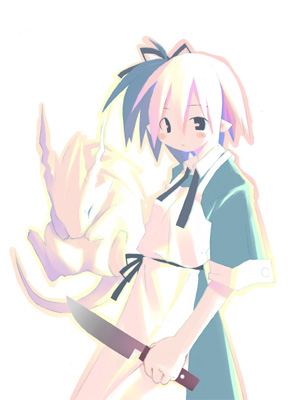 asami natsuhito, original, archived source, bad link, lowres, blush stickers, breasts, buttoned cuffs, buttons, closed eyes, closed mouth, cowboy shot, creature, dress, green dress, green ribbon, green sleeves, hair ribbon, harada takehito (style), holding, holding knife, kitchen knife, knife, looking at viewer, neck ribbon, no sclera, one side up, pink hair, pointy ears, ribbon, short hair, short sleeves, simple background, small breasts, undone neck ribbon, waist ribbon, white background, white tail, wide sleeves, wing collar
