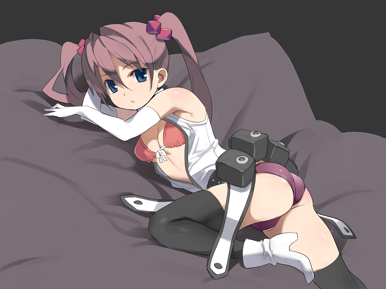 nora higuma, original, 1girl, ass, bed, belt, bikini, bikini top only, blue eyes, boots, breasts, elbow gloves, female focus, front-tie top, gloves, long hair, lying, panties, pink hair, purple bikini, solo, swimsuit, thighhighs, twintails, underwear