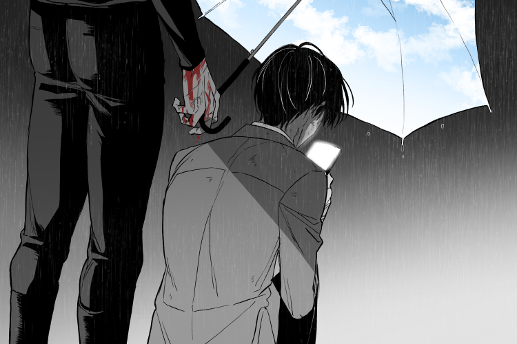 maga mok23, kim dokja, yoo joonghyuk, omniscient reader's viewpoint, character request, check character, 1boy, 1other, black hair, bleeding, blood, blood on hands, fake sky, glowing, holding, holding phone, holding umbrella, looking at phone, out of frame, partially colored, phone, rain, short hair, sky print, standing, umbrella