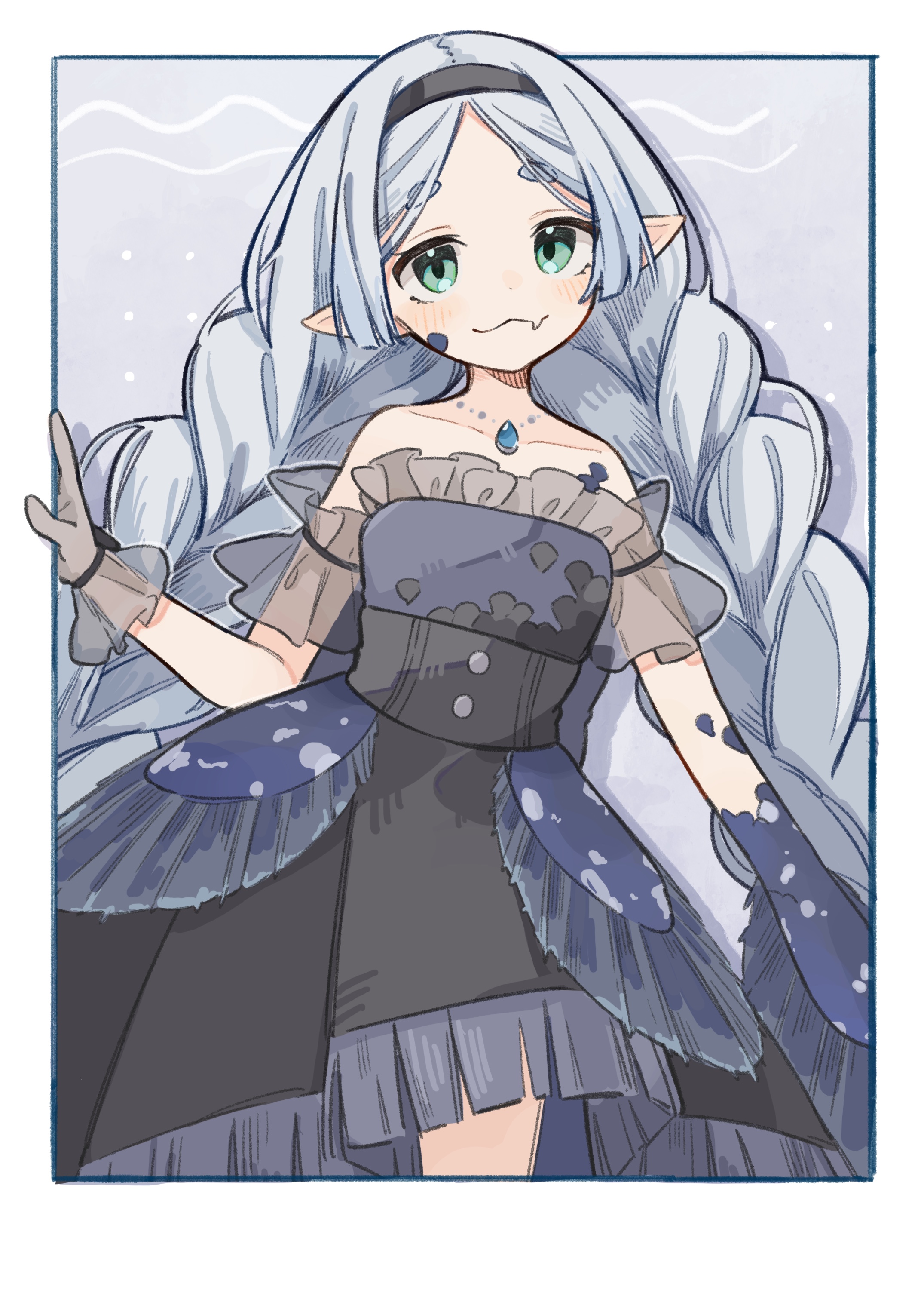 komerina, original, absurdres, commentary, highres, 1girl, :3, armband, back bow, bare shoulders, black dress, black hairband, blue background, blue bow, blue dress, blue scales, border, bow, braid, closed mouth, coelacanth, cowboy shot, detached sleeves, dot nose, dress, fang, fish, forehead, frilled armband, frilled dress, frilled gloves, frills, gloves, gradient background, green eyes, grey gloves, grey hair, hairband, hand up, jewelry, light blush, long hair, looking at viewer, necklace, outside border, parted bangs, parted hair, personification, pointy ears, scales, sidelocks, single glove, skin fang, smile, solo, standing, twin braids, very long hair, white background, white border