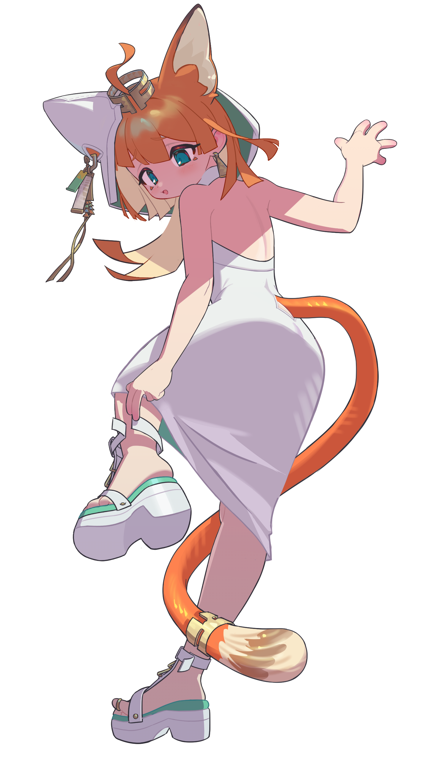 arav233, papyrus (arknights), arknights, absurdres, commentary, highres, 1girl, ahoge, animal ear hood, animal ears, cat ears, cat girl, dress, fake animal ears, green eyes, hood, jewelry, long hair, orange hair, orange tail, simple background, solo, tail, tail ornament, tail ring, white background, white dress