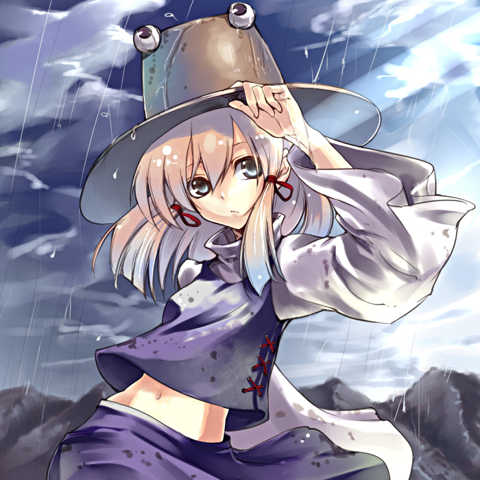 miya9, moriya suwako, touhou, 1girl, blonde hair, blue eyes, female focus, gradient hair, hand on headwear, hat, hat tip, midriff, multicolored hair, navel, outdoors, rain, short hair, sky, solo