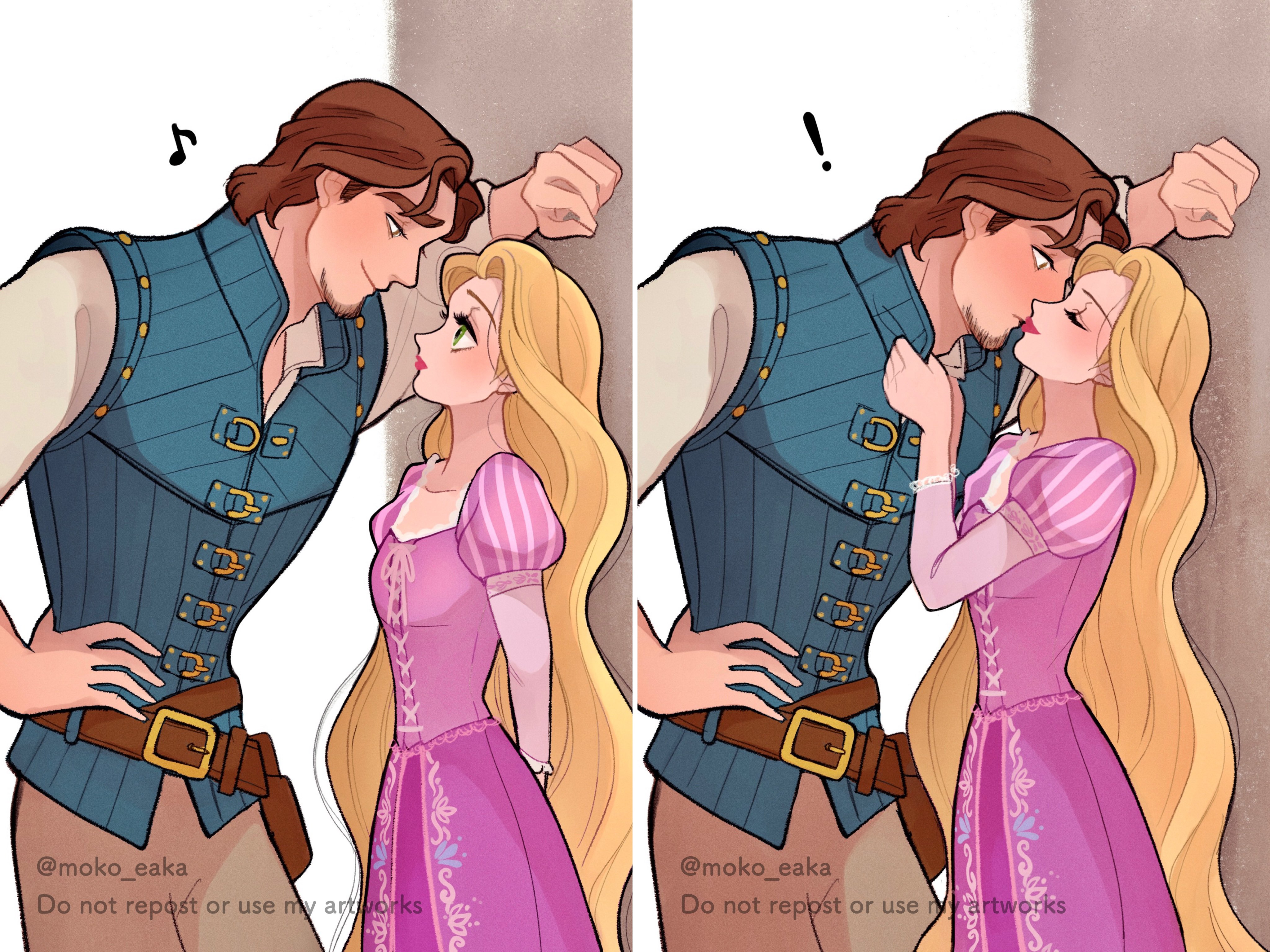 moko eaka, flynn rider, rapunzel (disney), tangled, absurdres, highres, !, 1boy, 1girl, beard, belt, blonde hair, blue vest, blush, breasts, brown belt, brown hair, closed eyes, clothes grab, collar grab, couple, cowboy shot, dress, facial hair, green eyes, grey pants, hair slicked back, hand on own hip, hetero, juliet sleeves, kabedon, kiss, light smile, long hair, long sleeves, looking at another, medium breasts, musical note, neckwear grab, pants, pink dress, pink lips, puffy sleeves, shirt, short hair, twitter username, very long hair, vest, white shirt, wide-eyed