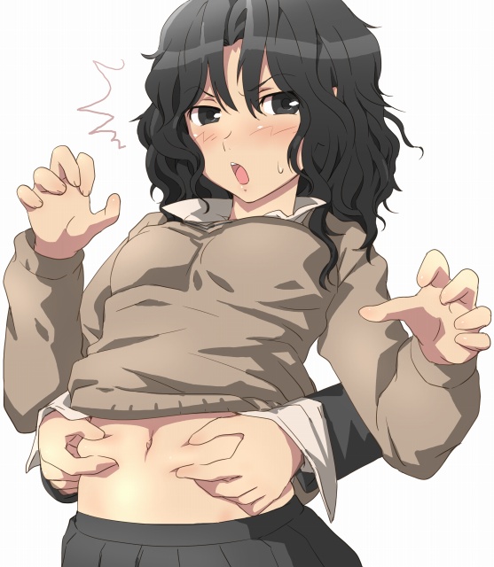 fujisawa takashi, tanamachi kaoru, amagami, bad id, bad pixiv id, 1girl, black eyes, black hair, blush, clothes lift, curly hair, female focus, midriff, navel, open mouth, pinching, solo, surprised, sweater, sweater lift, wavy hair