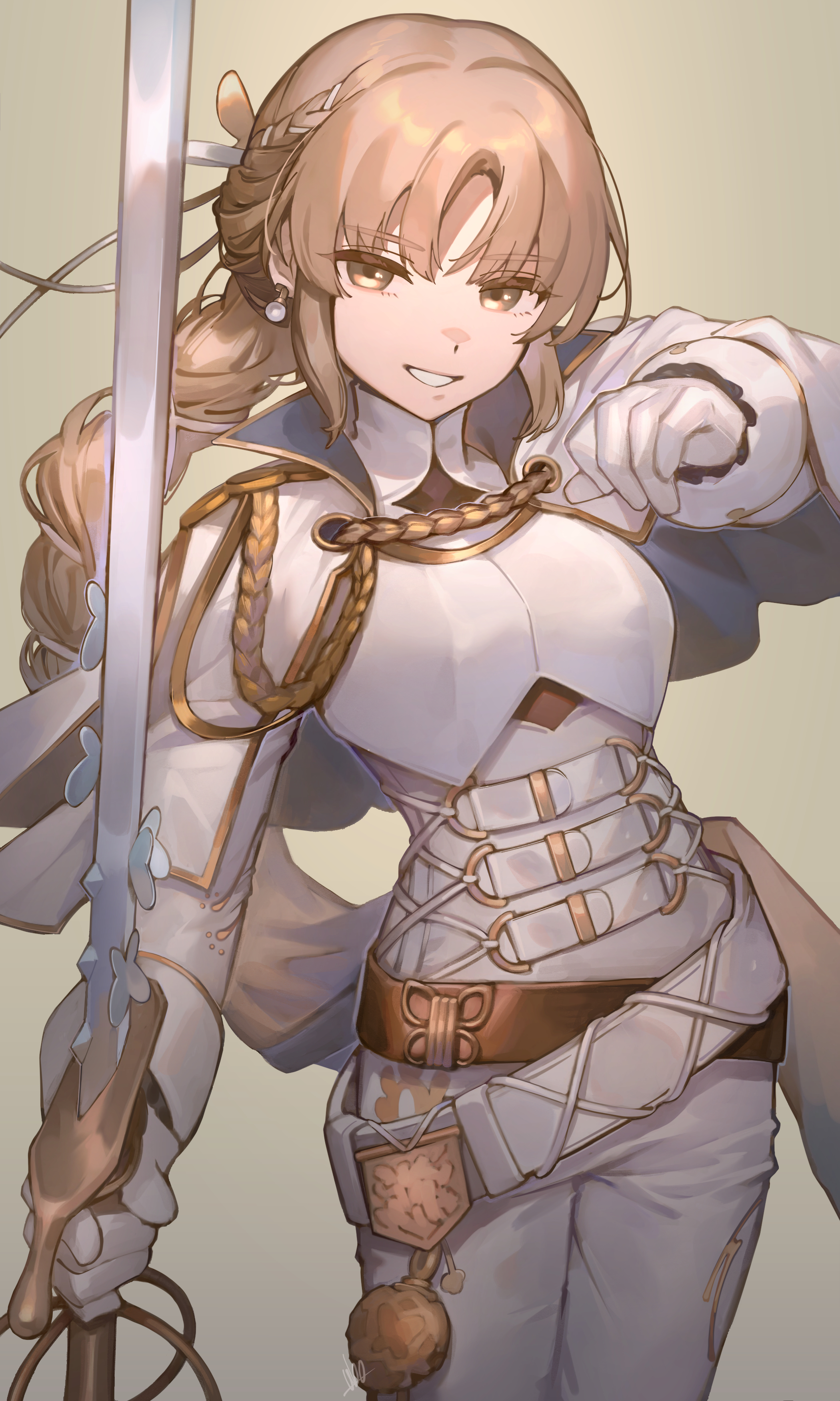 ubo (ubo tales), sister claire, nijisanji, absurdres, highres, 1girl, artist name, braid, breasts, brown eyes, brown hair, cowboy shot, earrings, epaulettes, gloves, grin, holding, holding sword, holding weapon, jacket, jacket on shoulders, jewelry, knight, long hair, looking at viewer, medium breasts, signature, single epaulette, smile, solo, sword, virtual youtuber, weapon, white gloves