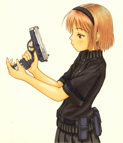 henrietta (gunslinger girl), gunslinger girl, sig sauer, traditional media, 00s, 1girl, bob cut, brown eyes, brown hair, female focus, gun, hairband, handgun, pistol, short hair, skirt, solo, weapon