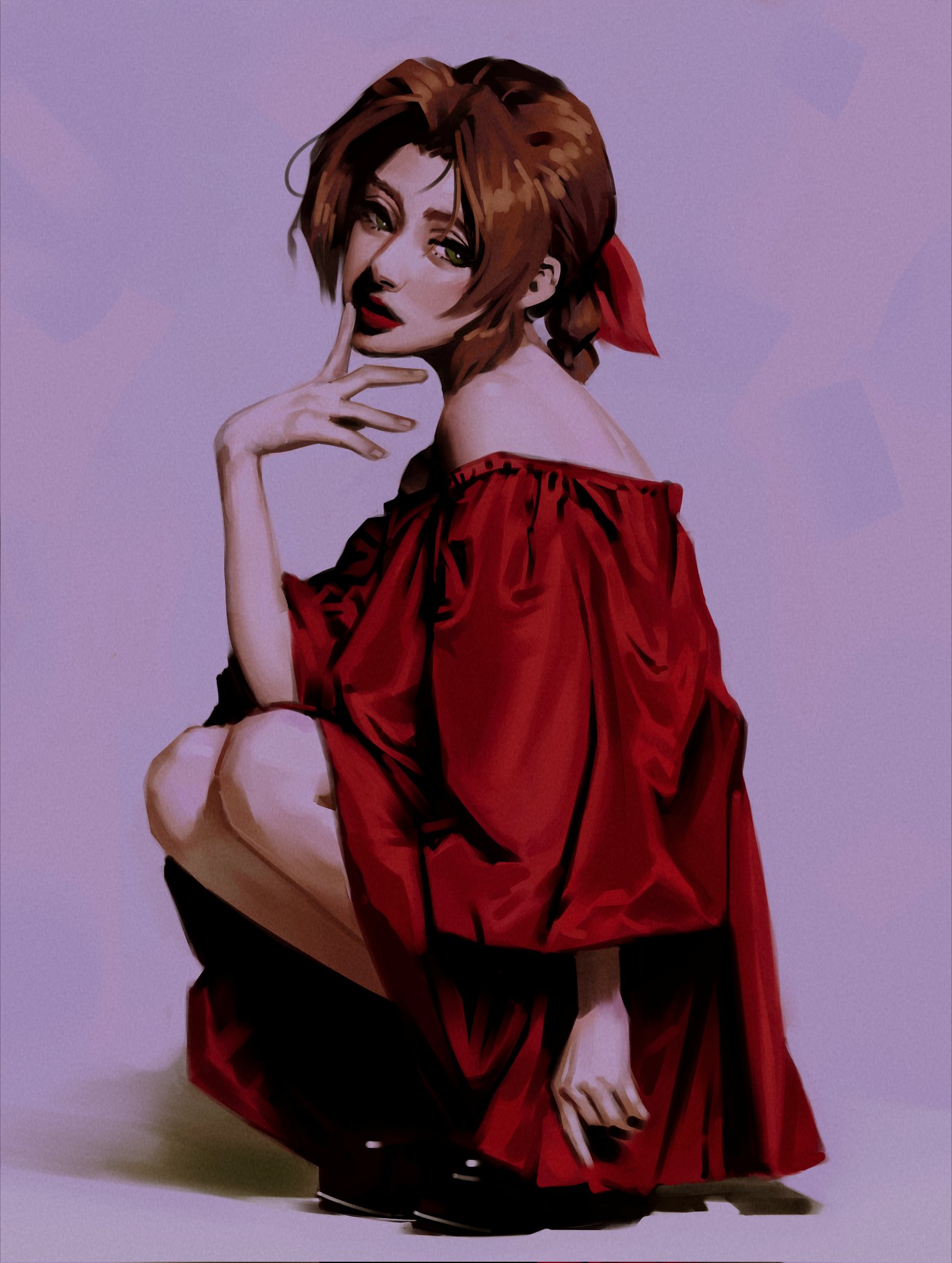 aerith gainsborough, final fantasy, final fantasy vii, highres, 1girl, alternate costume, bare shoulders, black shoes, blue background, braid, braided ponytail, brown hair, dress, finger to own chin, full body, hair ribbon, jeseni, looking at viewer, off-shoulder dress, off shoulder, parted bangs, red dress, red lips, red ribbon, ribbon, shoes, sidelocks, single braid, solo, squatting