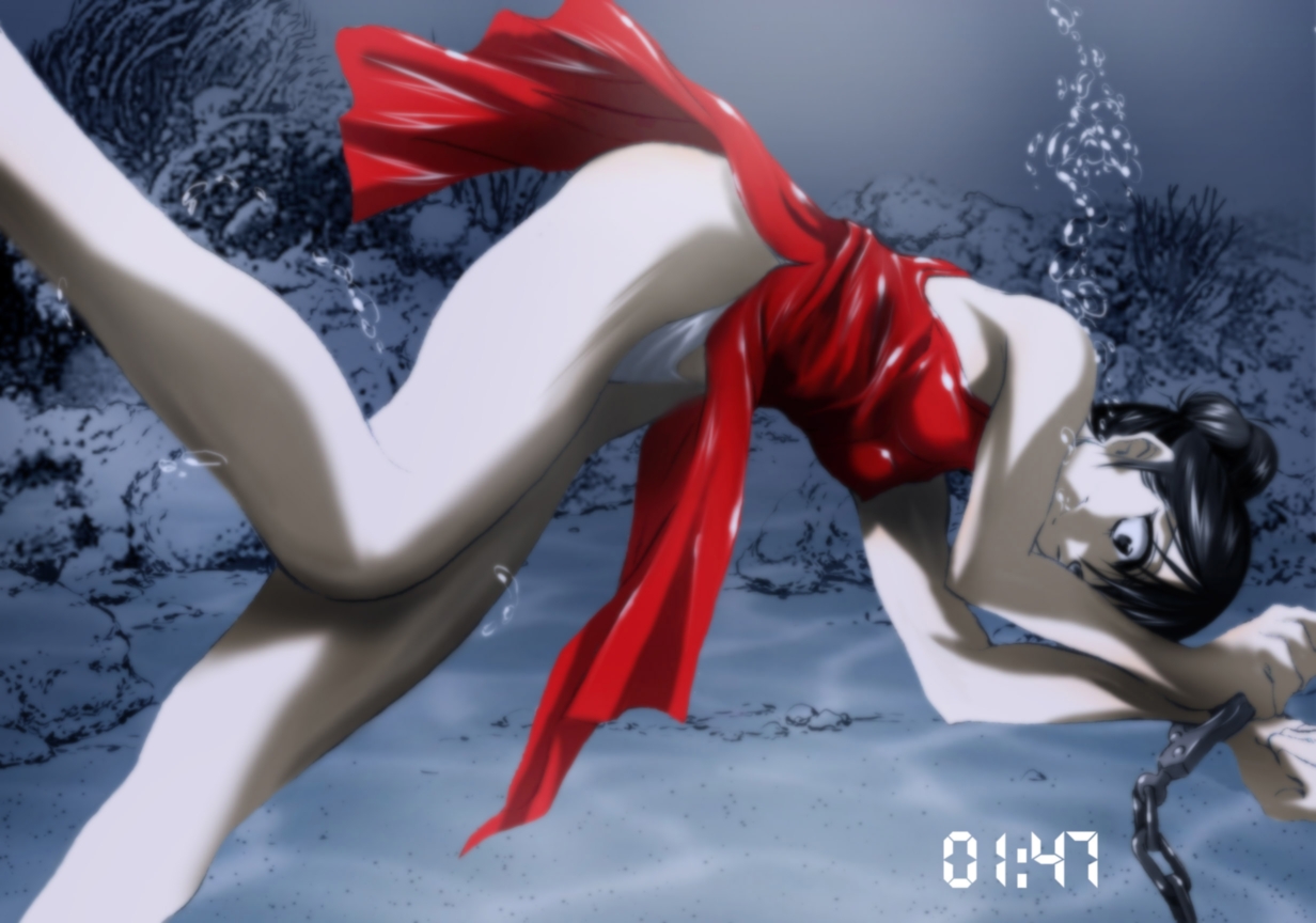 atelier wadatsumi, original, source request, 1girl, air bubble, black hair, blue eyes, bubble, chain, china dress, chinese clothes, cuffs, dress, female focus, handcuffs, holding breath, panties, pantyshot, peril, red dress, scared, solo, underwater, underwear, water, white panties