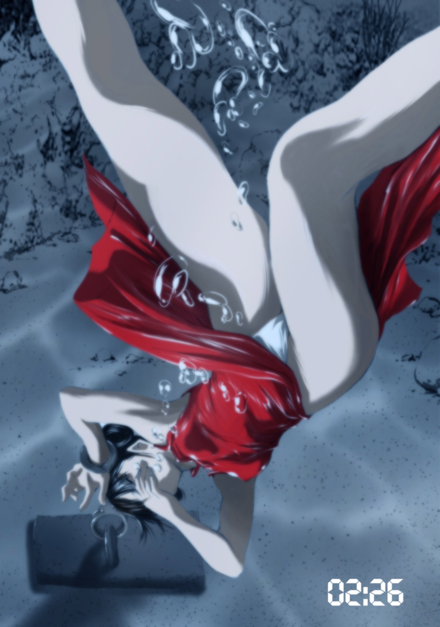 atelier wadatsumi, original, highres, 1girl, air bubble, asphyxiation, black hair, blue eyes, bubble, chain, china dress, chinese clothes, closed eyes, cuffs, dress, drowning, female focus, handcuffs, holding breath, panties, pantyshot, peril, red dress, scared, solo, underwater, underwear, water, white panties