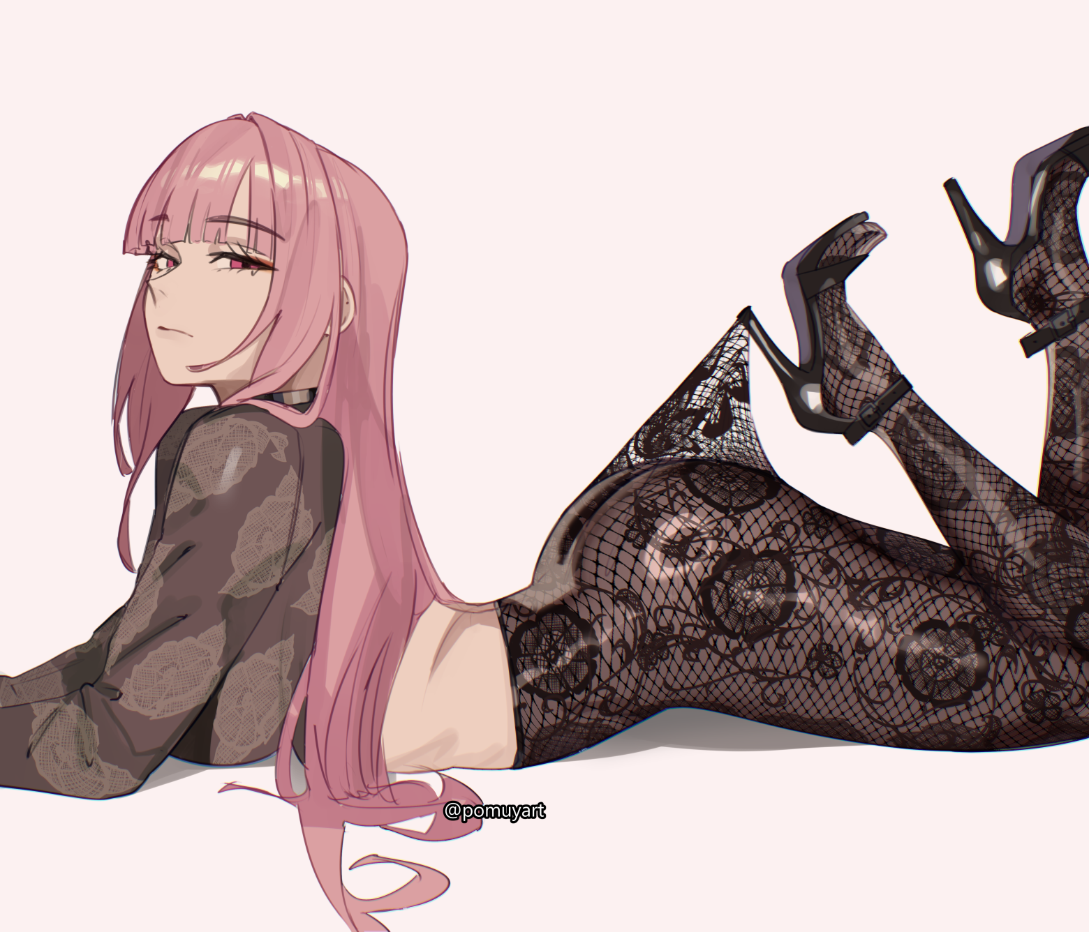 pomuya, mori calliope, hololive, hololive english, commentary, english commentary, highres, 1girl, ass, black pantyhose, black shoes, blunt bangs, breasts, cropped shirt, feet up, grey background, grey shirt, high heels, lace pantyhose, lace pantyhose hooked on heel (meme), large breasts, long hair, looking at viewer, lying, meme, on stomach, pantyhose, pink eyes, pink hair, shirt, shoes, simple background, solo, straight hair, strappy heels, the pose, virtual youtuber