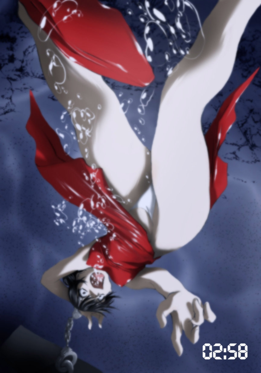 atelier wadatsumi, original, highres, 1girl, air bubble, asphyxiation, black hair, blue eyes, bubble, chain, china dress, chinese clothes, cuffs, dress, drowning, female focus, handcuffs, holding breath, open mouth, panties, pantyshot, peril, red dress, scared, screaming, solo, underwater, underwear, water, white panties