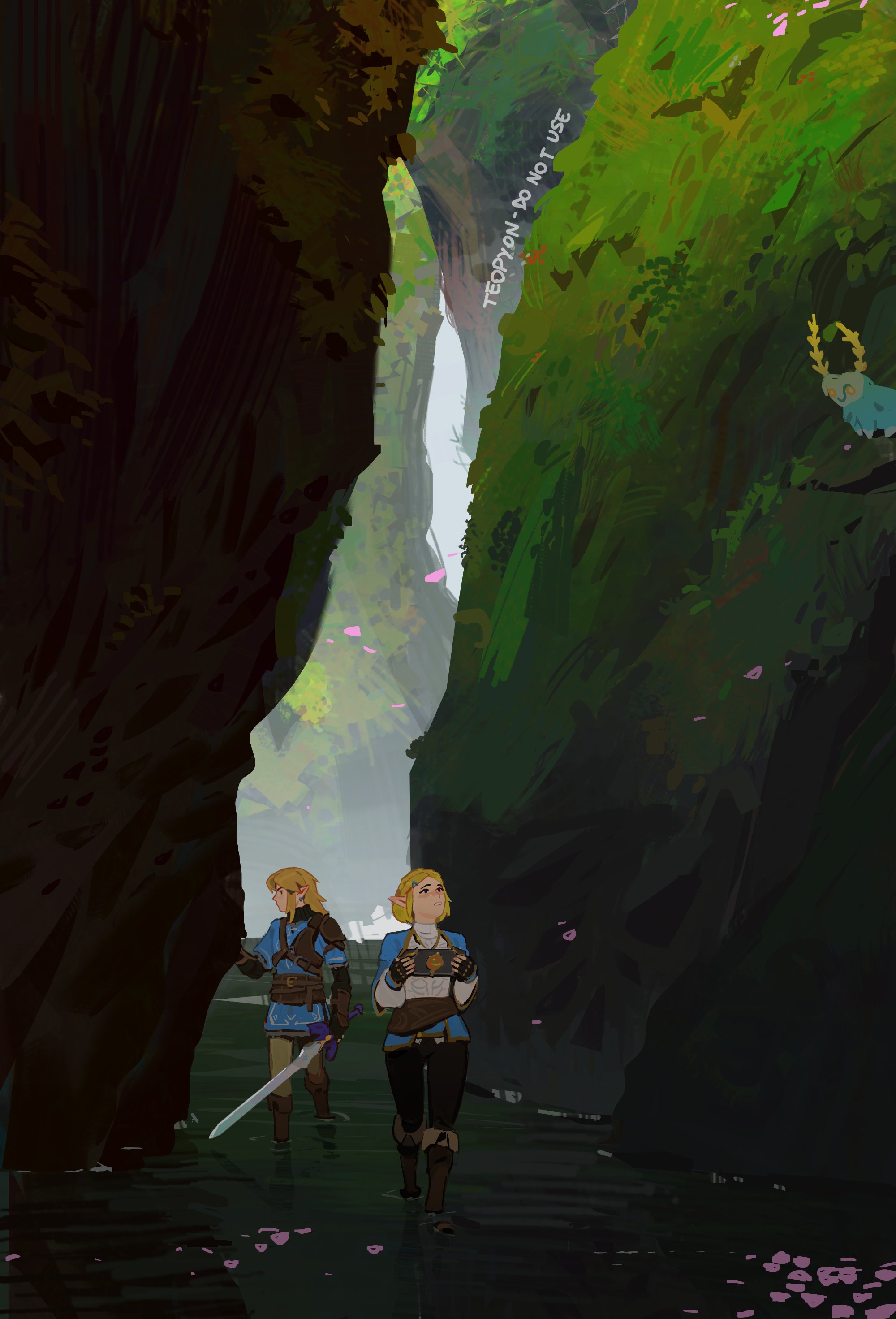 pyonteo, link, princess zelda, nintendo, the legend of zelda, the legend of zelda: breath of the wild, the legend of zelda: tears of the kingdom, absurdres, highres, 1boy, 1girl, armor, artist name, black pants, blonde hair, blue shirt, blue tunic, boots, braid, brown boots, crown braid, earrings, fingerless gloves, full body, gloves, grey pants, hair ornament, hairclip, holding, holding sword, holding weapon, jewelry, leather armor, medium hair, nature, outdoors, pants, parted bangs, pointy ears, shirt, short hair, sidelocks, sword, tunic, weapon