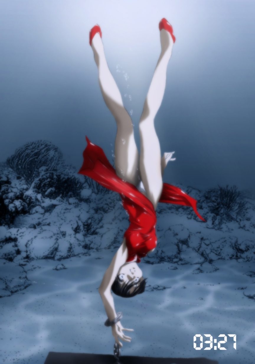 atelier wadatsumi, original, highres, source request, 1girl, air bubble, asphyxiation, black hair, blue eyes, bubble, chain, china dress, chinese clothes, cuffs, death, dress, drowning, female focus, handcuffs, holding breath, panties, pantyshot, red dress, scared, solo, underwater, underwear, water, white panties