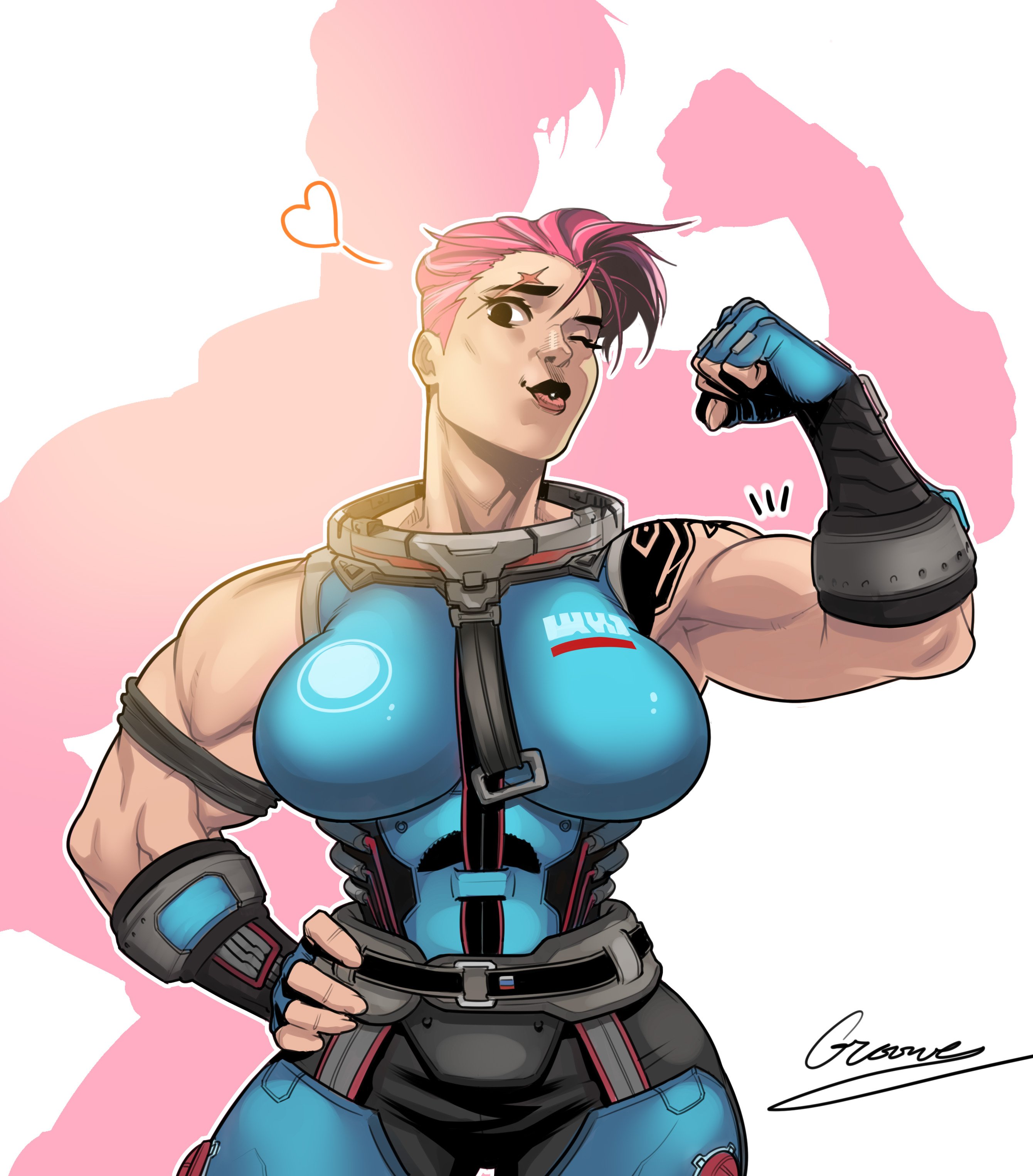 groove1121, zarya (overwatch), overwatch, absurdres, highres, 1girl, armor, artist name, asymmetrical bangs, belt, biceps, breasts, detached sleeves, flexing, hand on own hip, head tilt, heart, large breasts, lipstick, looking at viewer, makeup, muscular, muscular female, one eye closed, pink hair, shadow, short hair, shoulder tattoo, signature, silhouette, simple background, solo, spoken heart, tattoo, white background