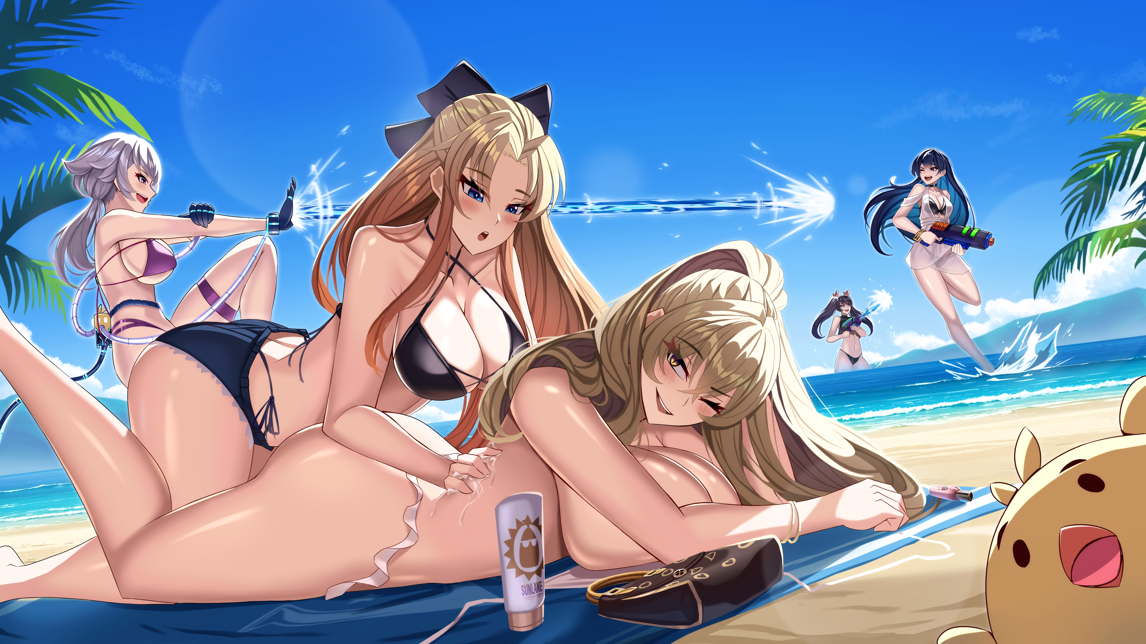 zer0z vi, bell (azur lane), glasgow (azur lane), lion (azur lane), lion (the reclining dandelion) (azur lane), manjuu (azur lane), reno (azur lane), vanguard (azur lane), azur lane, absurdres, commentary, english commentary, highres, 5girls, all fours, alternate breast size (larger), alternate costume, applying sunscreen, bare shoulders, beach, beach mat, beach towel, bikini, black bag, black bikini, black bow, black hair, blue eyes, blue hair, blue sky, bow, breasts, brown hair, cleavage, collarbone, criss-cross halter, dress, dutch angle, feet out of frame, full body, hair between eyes, hair bow, halterneck, holding, holding water gun, huge breasts, large breasts, long hair, lotion bottle, lying, mechanical hands, medium breasts, multiple girls, navel, ocean, official alternate costume, on stomach, one eye closed, open mouth, outdoors, palm tree, ponytail, purple bikini, purple hair, sand, see-through clothes, see-through dress, sky, sundress, swimsuit, teeth, thigh strap, towel, tree, twintails, untied bikini top, upper teeth only, very long hair, water gun, water stream, white bikini, yellow eyes