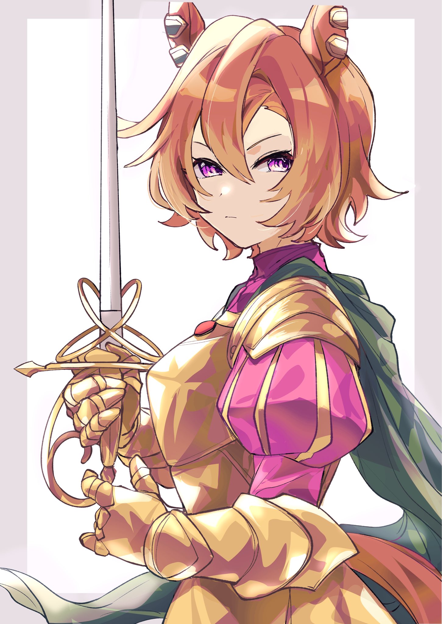 amano (amano miko), t.m. opera o (umamusume), umamusume, highres, 1girl, alternate costume, animal ears, armor, breastplate, breasts, cape, closed mouth, dot nose, expressionless, from side, gauntlets, gold armor, green cape, hair between eyes, holding, holding sword, holding weapon, horse ears, horse girl, horse tail, knight, long sleeves, looking at viewer, medium breasts, orange hair, out of frame, pauldrons, pink shirt, puffy sleeves, purple eyes, rapier, shirt, short hair, shoulder armor, simple background, solo, sword, tail, v-shaped eyebrows, weapon, white background