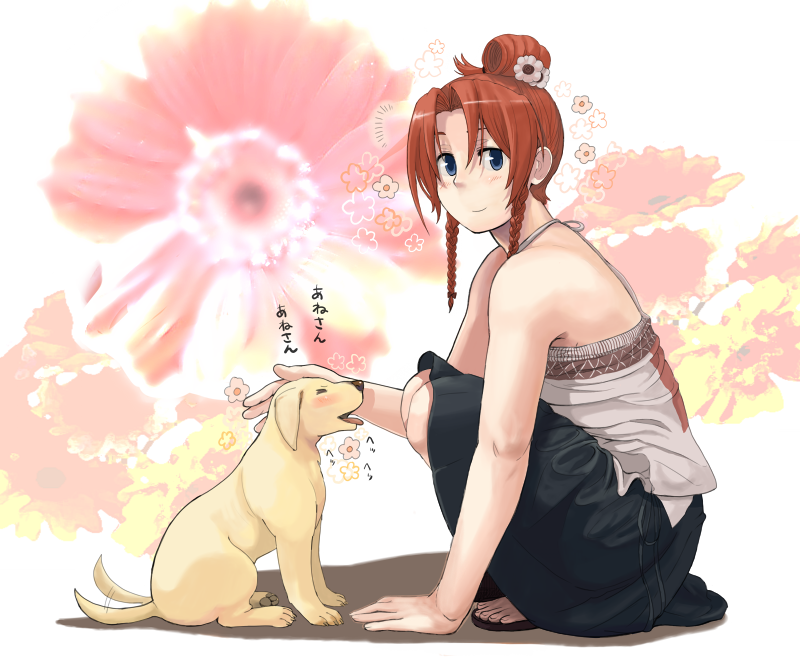 kirusu, nihon no tsuno (pixiv11431), hong meiling, touhou, bad id, bad pixiv id, 1girl, alternate costume, alternate hairstyle, blue eyes, braid, contemporary, dog, female focus, flower, headpat, plant, red hair, skirt, solo, twin braids, white background