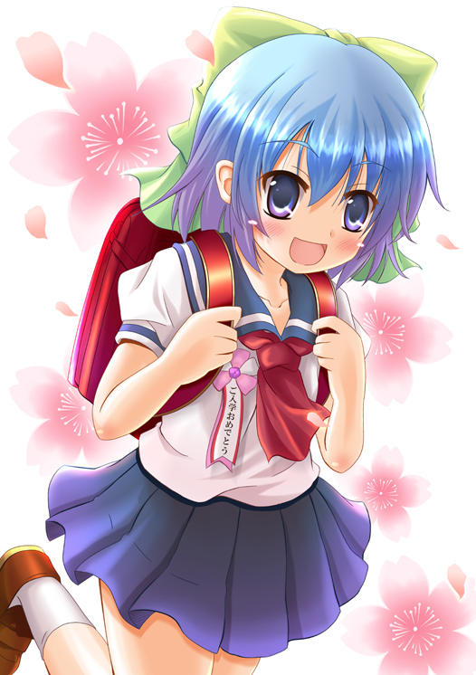 kawai kei (artist), cirno, touhou, bad id, bad pixiv id, alternate costume, backpack, bag, blue eyes, blue hair, child, flower, randoseru, ribbon, school uniform, serafuku, short hair, solo