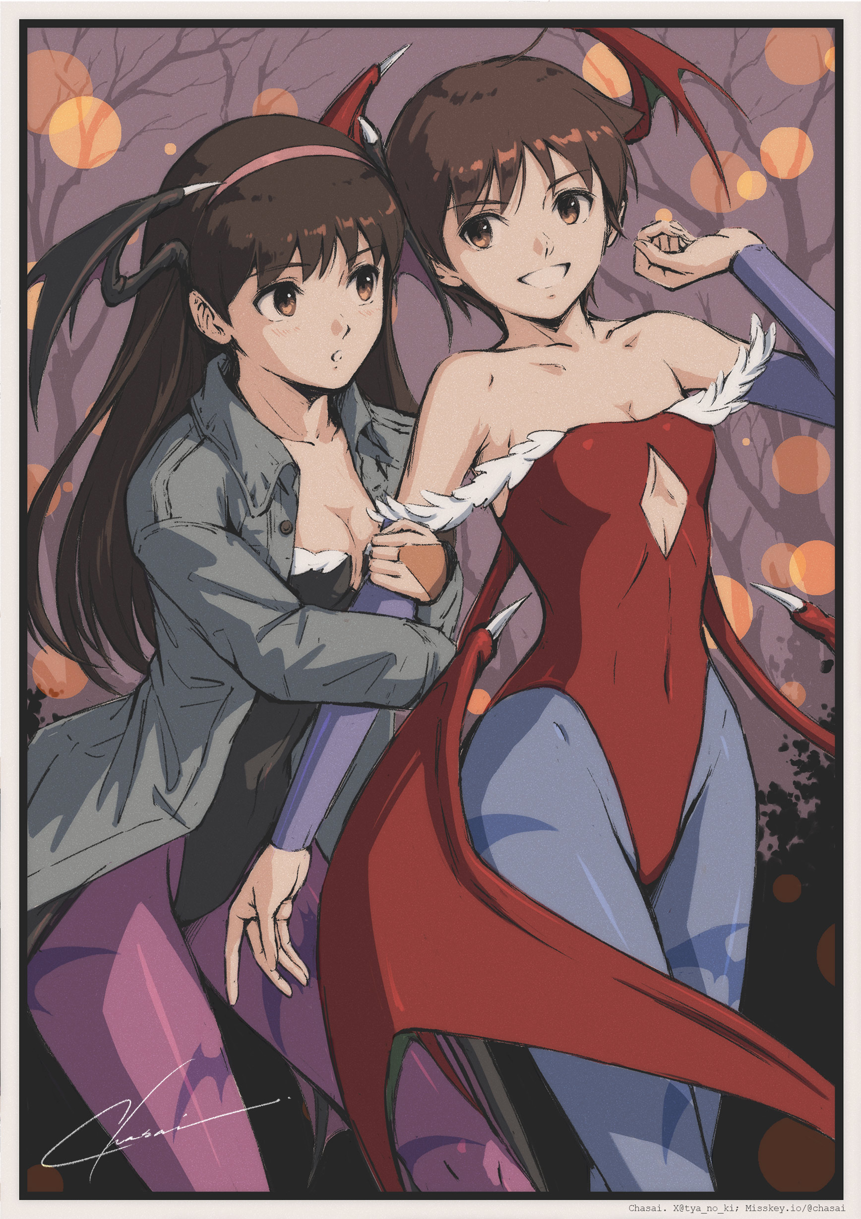 tyanoki, chitose kei, kasugano sakura, lilith (darkstalkers), morrigan aensland, darkstalkers, street fighter, street fighter zero (series), absurdres, commentary, highres, 2girls, :d, animal print, arm hug, artist name, bare shoulders, bare tree, bat print, black border, black leotard, blue leotard, blurry, bokeh, border, breasts, brown eyes, brown hair, character name, cleavage, clothing cutout, collarbone, cosplay, covered navel, curled fingers, demon girl, demon wings, denim, denim jacket, depth of field, diamond cutout, feather trim, feet out of frame, foliage, grey jacket, groin, hairband, halloween, halloween costume, hand up, head wings, highleg, highleg leotard, holding another's arm, jacket, leotard, light blush, lilith (darkstalkers) (cosplay), long hair, looking at another, looking to the side, misskey.io username, morrigan aensland (cosplay), multiple girls, open clothes, open jacket, open mouth, pantyhose, parted lips, petite, pink hairband, print pantyhose, purple pantyhose, purple sky, red leotard, scared, short hair, side-by-side, signature, sky, small breasts, smile, strapless, strapless leotard, tomboy, tree, twitter username, underboob cutout, very short hair, walking, white border, wings
