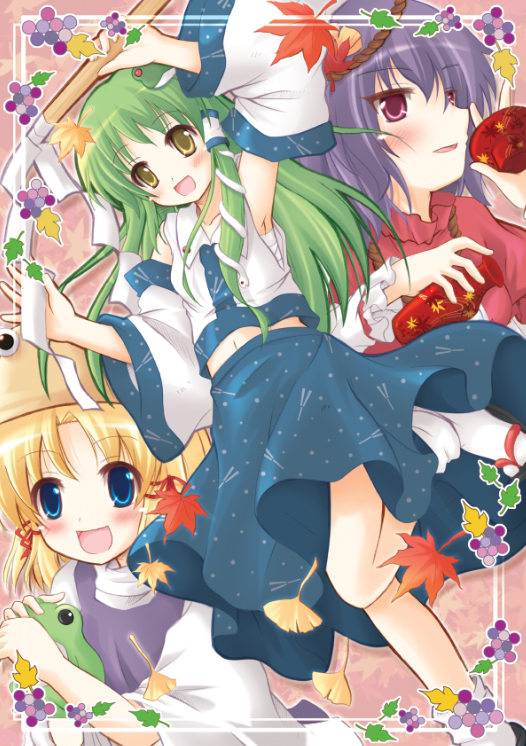 kawai kei (artist), kochiya sanae, moriya suwako, yasaka kanako, touhou, 3girls, arm up, armpits, bad anatomy, blonde hair, blue eyes, blush, bottle, detached sleeves, female focus, food, frog, fruit, geta, grapes, green hair, hair ornament, leaf, looking at viewer, maple leaf, midriff, multiple girls, navel, purple hair, red eyes, rope, sarashi, shimenawa, short hair, skirt, skirt set, smile, snake, standing, standing on one leg, tabi, turtleneck, upskirt, yellow eyes