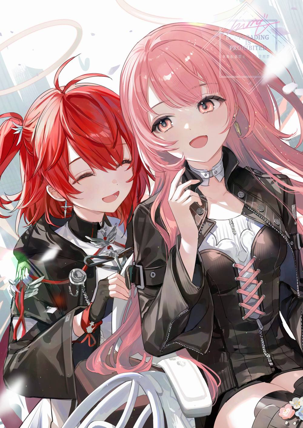 nima (niru54), exusiai (arknights), exusiai the new covenant (arknights), lemuen (arknights), arknights, commentary request, highres, 2girls, adoptive siblings, antenna hair, black gloves, black jacket, closed eyes, earrings, fingerless gloves, gloves, halo, hand up, jacket, jewelry, long hair, long sleeves, looking at another, multiple girls, one side up, open clothes, open jacket, open mouth, pink eyes, pink hair, red hair, short hair, siblings, sisters, sitting, watermark, wheelchair