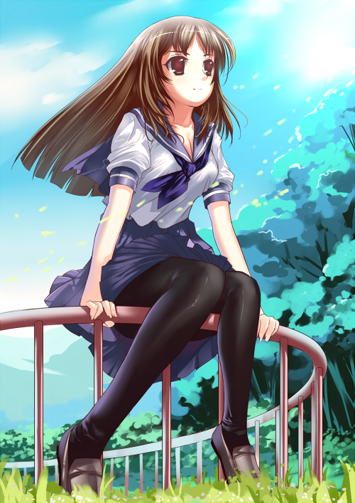 miyazakisoul, original, bad id, bad pixiv id, 1girl, black pantyhose, brown eyes, brown hair, cloud, day, female focus, loafers, long hair, pantyhose, railing, school uniform, serafuku, shoes, sitting, skirt, sky, smile, solo, tree