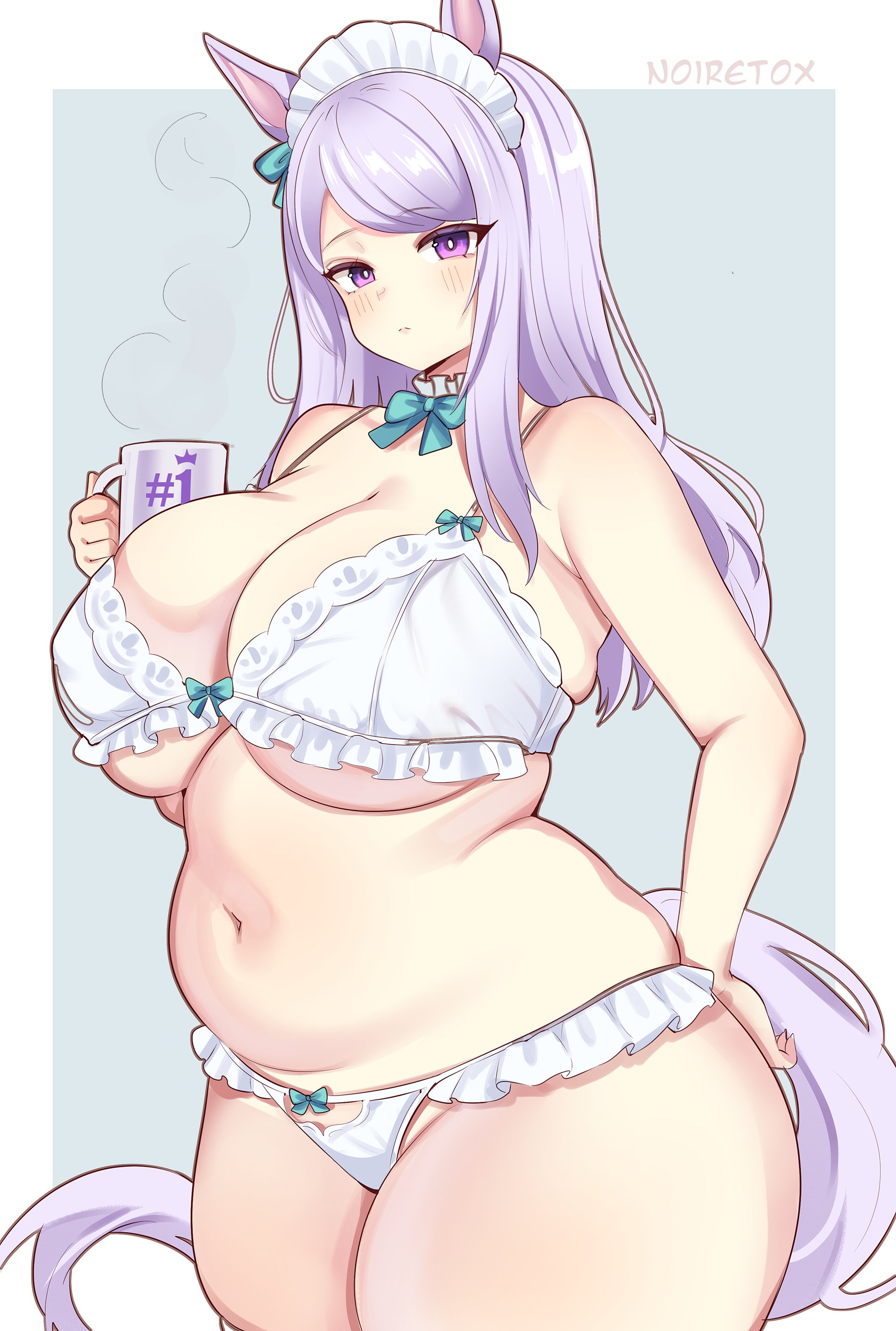 noiretox, mejiro mcqueen (umamusume), umamusume, absurdres, highres, 1girl, alternate body size, animal ears, artist name, bikini, blush, border, breasts, closed mouth, cowboy shot, cup, frilled bikini, frills, grey background, holding, holding cup, horse girl, huge breasts, long hair, looking at viewer, maid headdress, navel, outside border, pink eyes, plump, purple hair, purple tail, solo, swimsuit, thick thighs, thighs, white bikini, white border