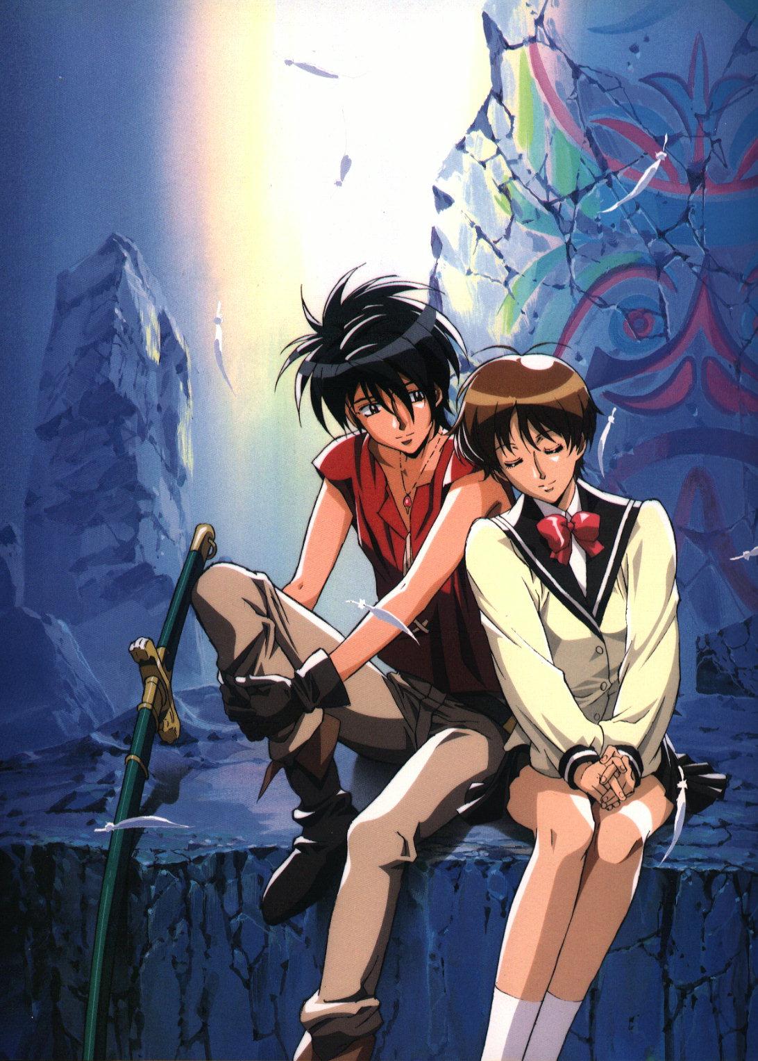 yuuki nobuteru, kanzaki hitomi, van fanel, tenkuu no escaflowne, highres, non-web source, 1990s (style), 1boy, 1girl, black hair, bow, brown hair, feathers, miniskirt, retro artstyle, school uniform, sheath, sheathed, short hair, skirt, sleeping, socks, sword, weapon