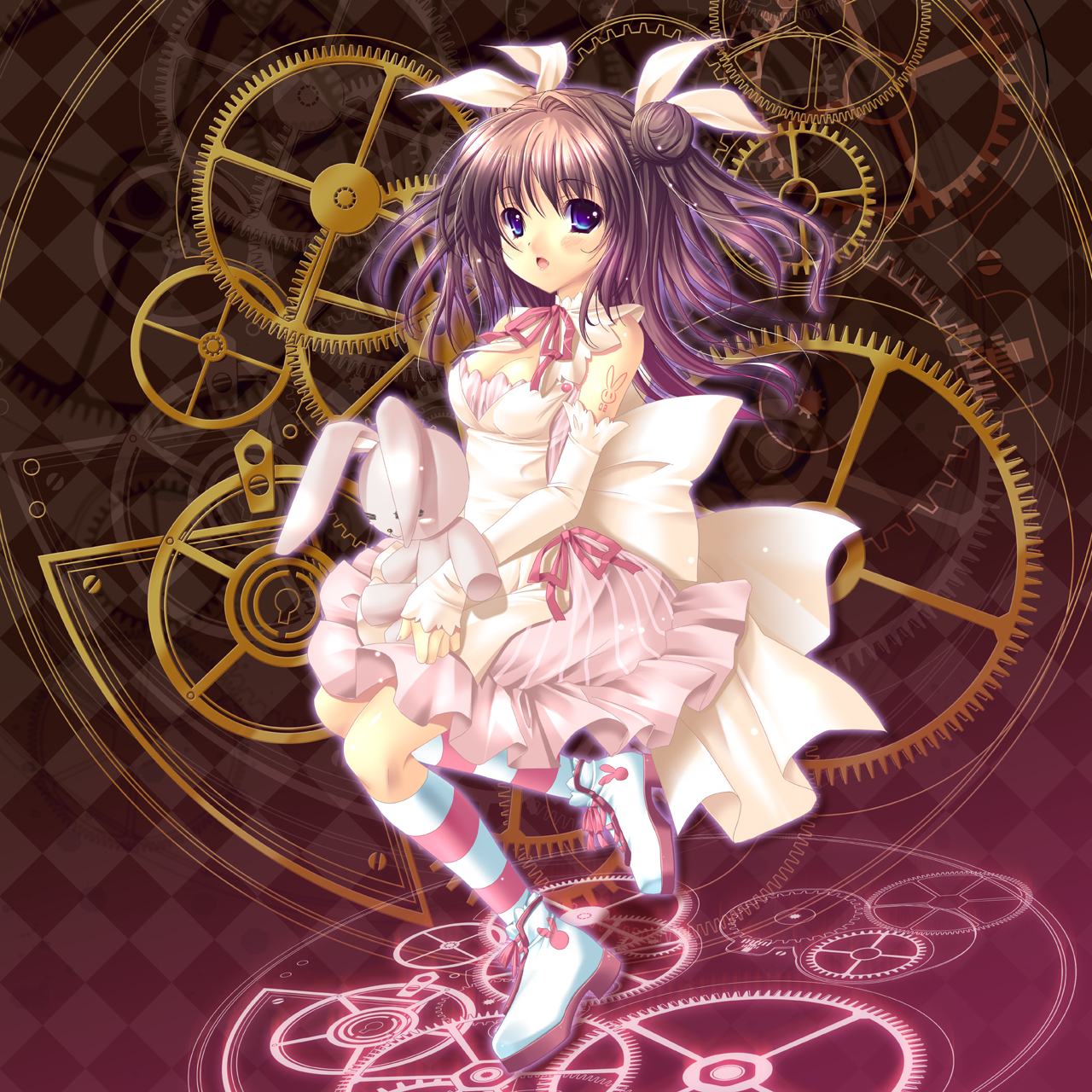 alto seneka, original, highres, 1girl, blue eyes, blush, brown hair, clock, double bun, dress, female focus, gears, hair bun, long hair, socks, solo, striped clothes, striped socks, stuffed animal, stuffed rabbit, stuffed toy