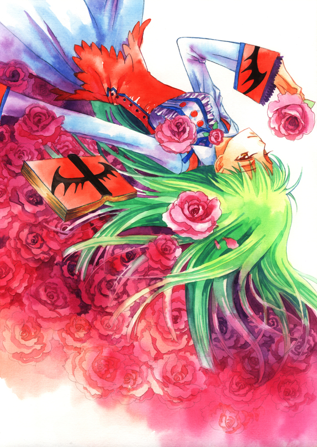 muxiaying, c.c., code geass, 00s, 1girl, book, dress, female focus, flower, green hair, long hair, rose, solo