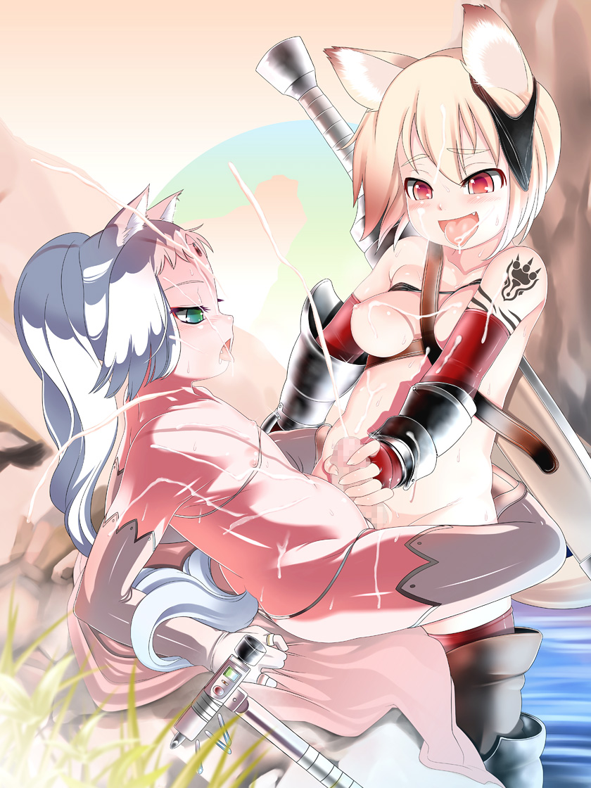 saga inu, original, silver hair, 1futa, 1girl, animal ears, armor, blush, breasts, bukkake, censored, cum, ejaculation, elbow gloves, flat chest, fox ears, fox tail, futa with female, futanari, gloved handjob, gloves, handjob, large breasts, loli, long hair, multiple girls, panties, paw print, paw tattoo, penis, ponytail, saliva, sex, sweat, sword, tail, tattoo, thighhighs, tongue, underwear, weapon