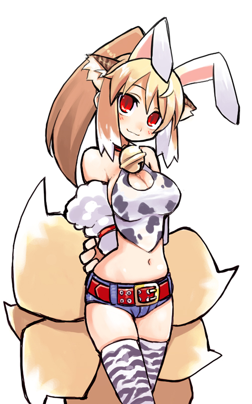 shigehiro (hiroi heya), original, 1girl, :3, animal ears, animal print, arms behind back, bell, belt, blonde hair, blush, breasts, brown hair, collar, cow print, cowboy shot, extra ears, female focus, fox ears, fox tail, jingle bell, kitsune, kyuubi, large breasts, long hair, midriff, multicolored hair, multiple tails, navel, neck bell, ponytail, rabbit ears, red eyes, shorts, slit pupils, smile, solo, tail, thighhighs, tiger print, white background, white hair