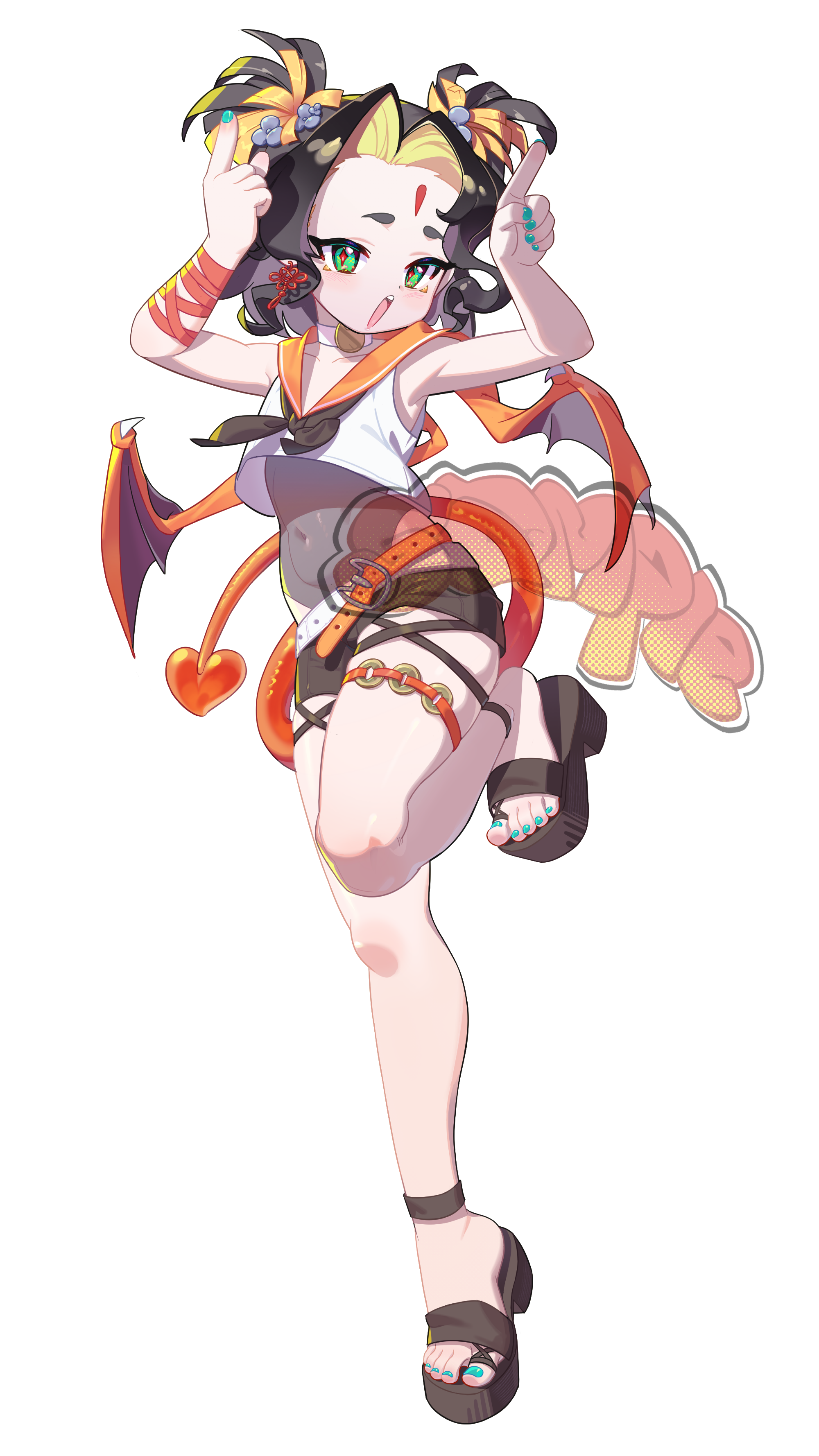 arav233, original, absurdres, commentary, highres, 1girl, blue nails, demon girl, demon tail, horns pose, open mouth, simple background, solo, standing, standing on one leg, tail, toes, white background