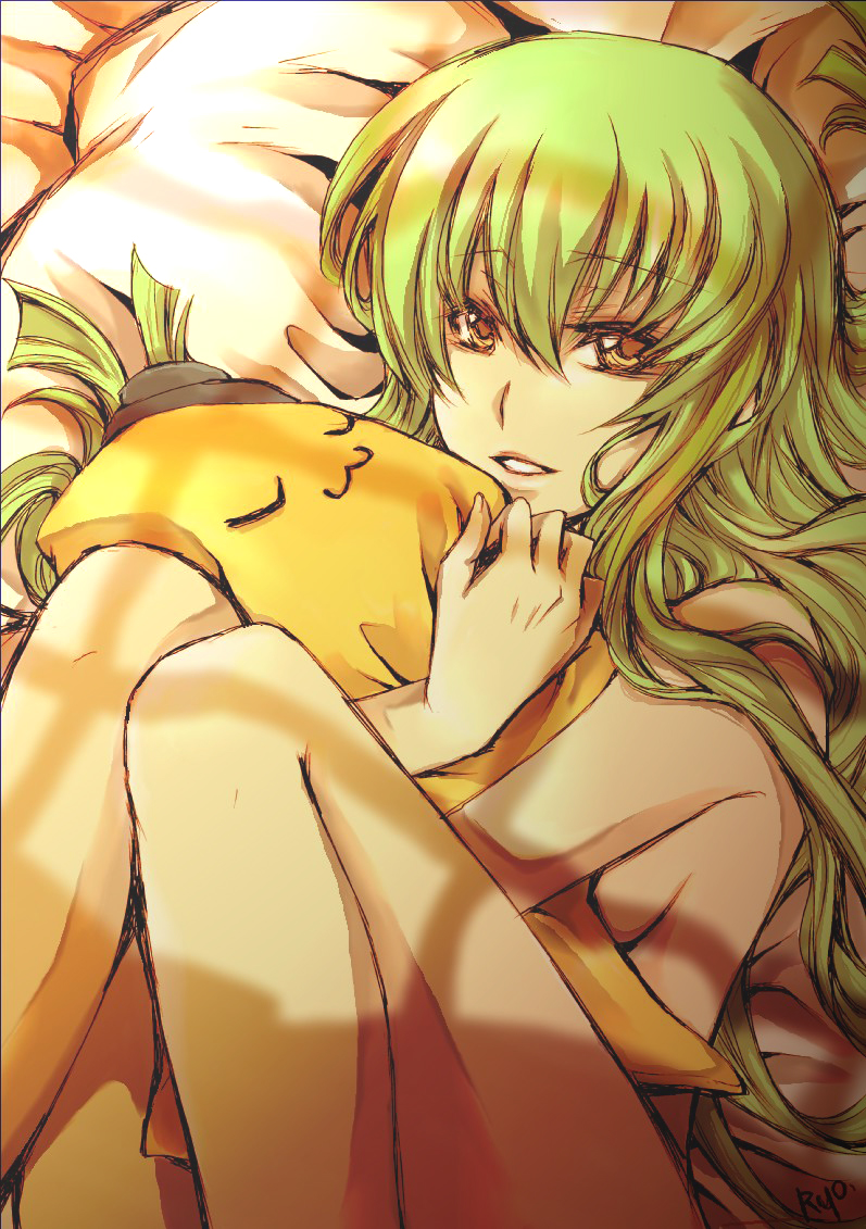 kanata, ryou no (orancyan), c.c., cheese-kun, code geass, pizza hut, bad id, bad pixiv id, 00s, 1girl, female focus, green hair, hug, nude, solo, yellow eyes