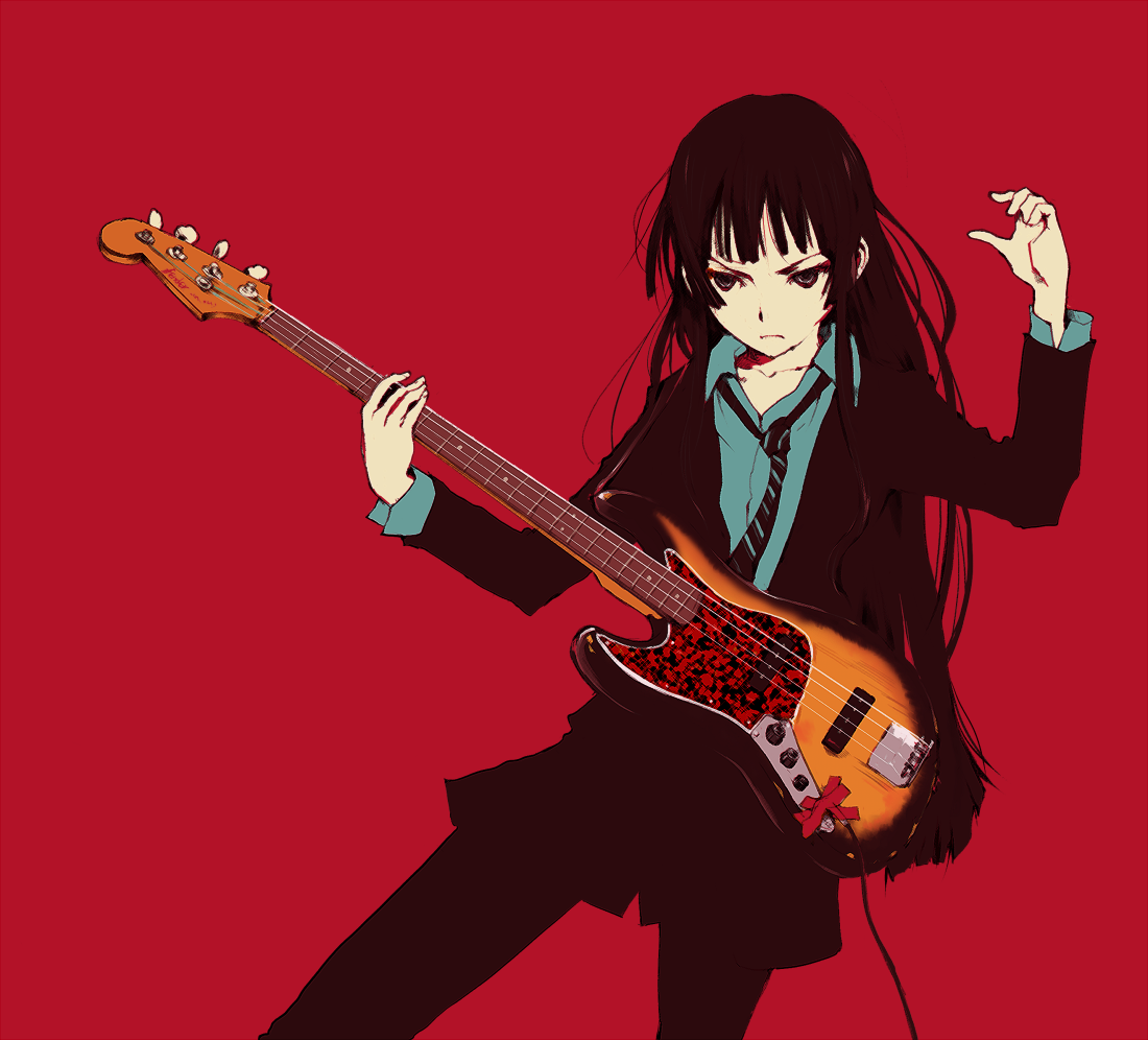 tamaoki benkyou, akiyama mio, k-on!, bad id, bad pixiv id, 00s, 1girl, bass guitar, black hair, female focus, formal clothes, guitar, instrument, long hair, necktie, pant suit, pants, red background, serious, solo, suit