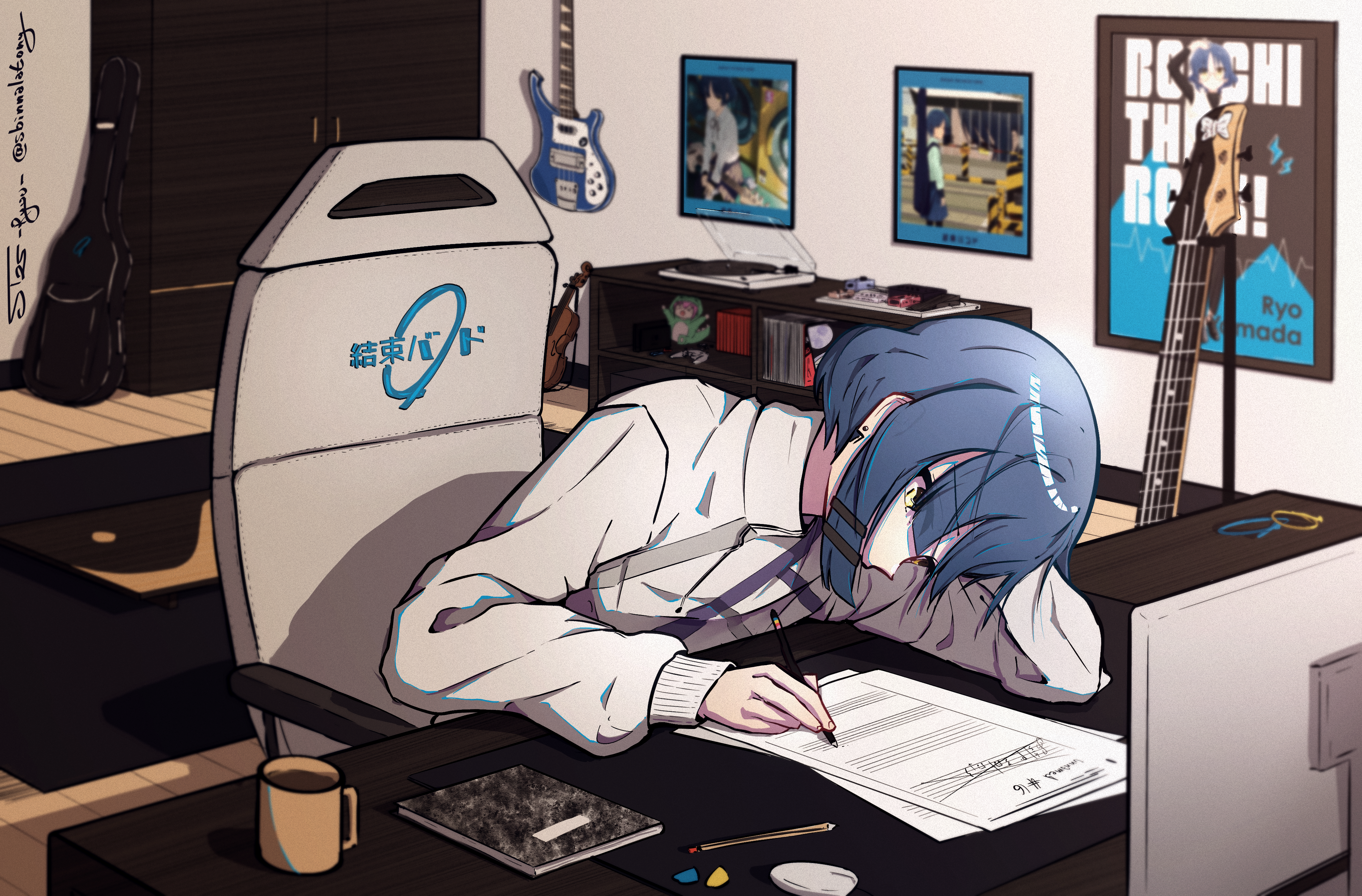 sbinnalatony, yamada ryo, bocchi the rock!, absurdres, highres, 1girl, bent over, blue hair, bookshelf, chair, character name, coffee mug, copyright name, cup, dated, desk, elbow rest, electric guitar, gaming chair, guitar, holding, holding pencil, indoors, instrument, long sleeves, looking down, monitor, mug, notebook, on chair, paper, pencil, phonograph, poster (object), shirt, short hair, signature, sitting, slice of life, solo, swivel chair, twitter username, wardrobe, white shirt, writing, yellow eyes