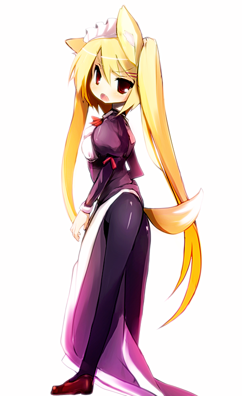 cauliflower (hosiyarou), bad id, bad pixiv id, 1girl, animal ears, blonde hair, blush, dress, female focus, fox ears, fox tail, long hair, maid, pantyhose, red eyes, solo, tail, twintails