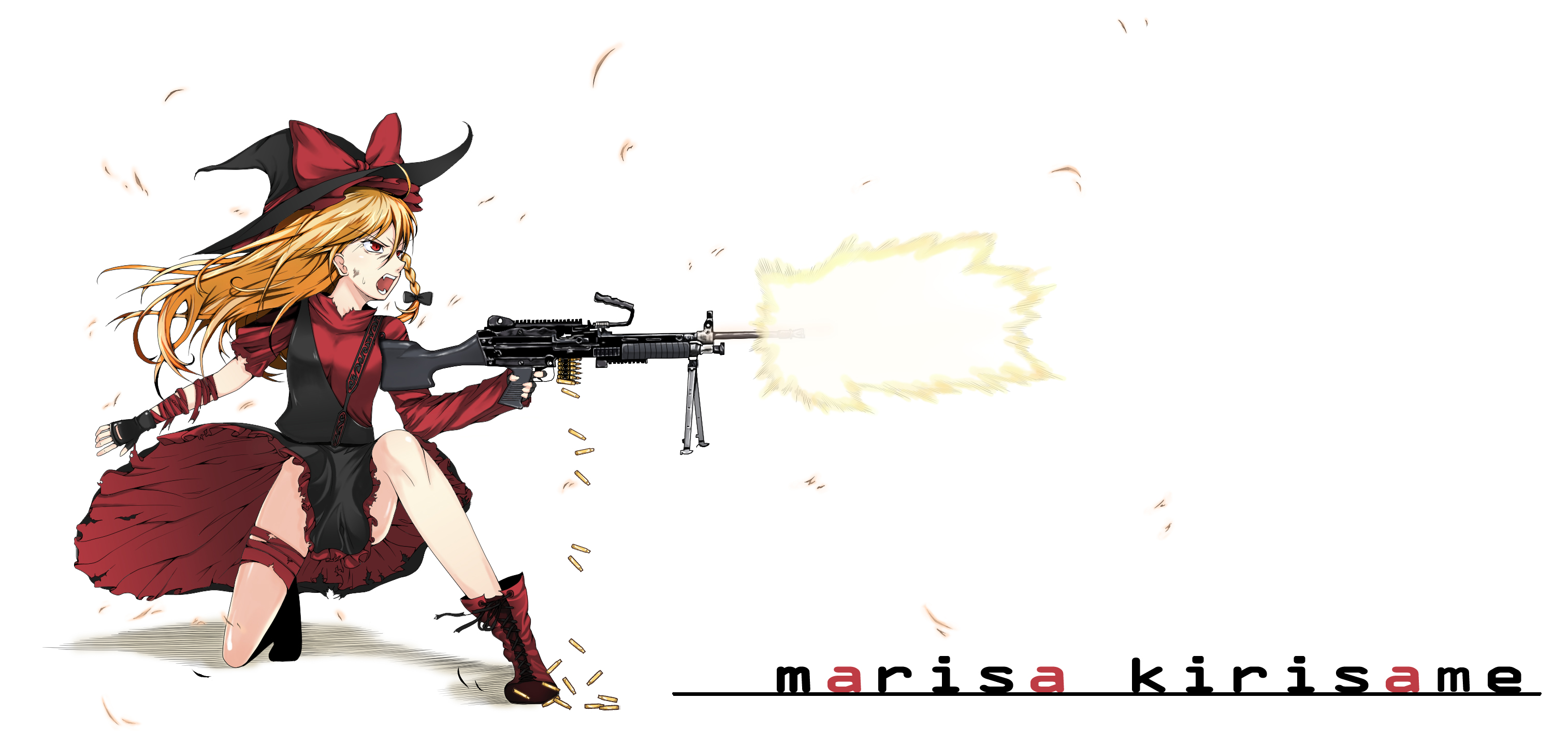 kirisame marisa, touhou, highres, 1girl, :o, angry, asymmetrical clothes, bipod, blonde hair, bow, braid, bullet, casing ejection, character name, dress, female focus, firing, gun, hat, holding, holding gun, holding weapon, kneeling, light machine gun, long hair, m249 saw, machine gun, muzzle flash, on one knee, open mouth, ribbon, shell casing, shoes, solo, torn clothes, weapon, witch, witch hat