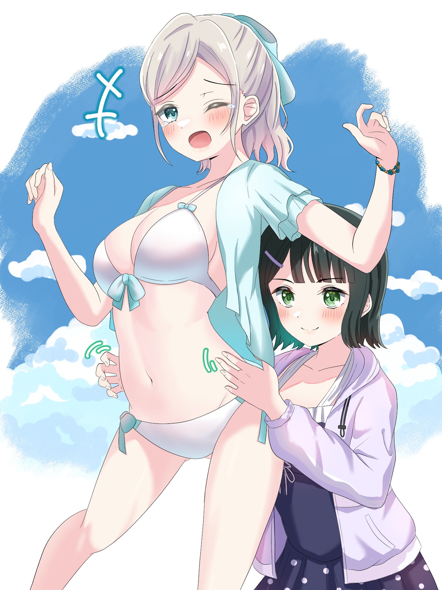 katanashi (ktnsh popu), ceras yanagida lilienfeld, ceras yanagida lilienfeld (swimsuit), momose ginko, momose ginko (swimsuit), link! like! love live!, love live!, commentary request, highres, +++, 2girls, ;d, bare shoulders, bikini, black hair, blue bow, blue eyes, blue jacket, blue one-piece swimsuit, blue sky, blunt bangs, blush, bow, bow bikini, breasts, cleavage, collarbone, dress swimsuit, feet out of frame, flipped hair, frilled one-piece swimsuit, frilled sleeves, frills, gluteal fold, grey hair, hair ornament, hairclip, jacket, large breasts, multiple girls, official alternate costume, one-piece swimsuit, one eye closed, open clothes, open jacket, open mouth, polka dot one-piece swimsuit, purple jacket, short-sleeved jacket, short sleeves, side-tie bikini bottom, sky, smile, string bikini, swimsuit, tearing up, tickling, tickling sides, virtual youtuber, white bikini