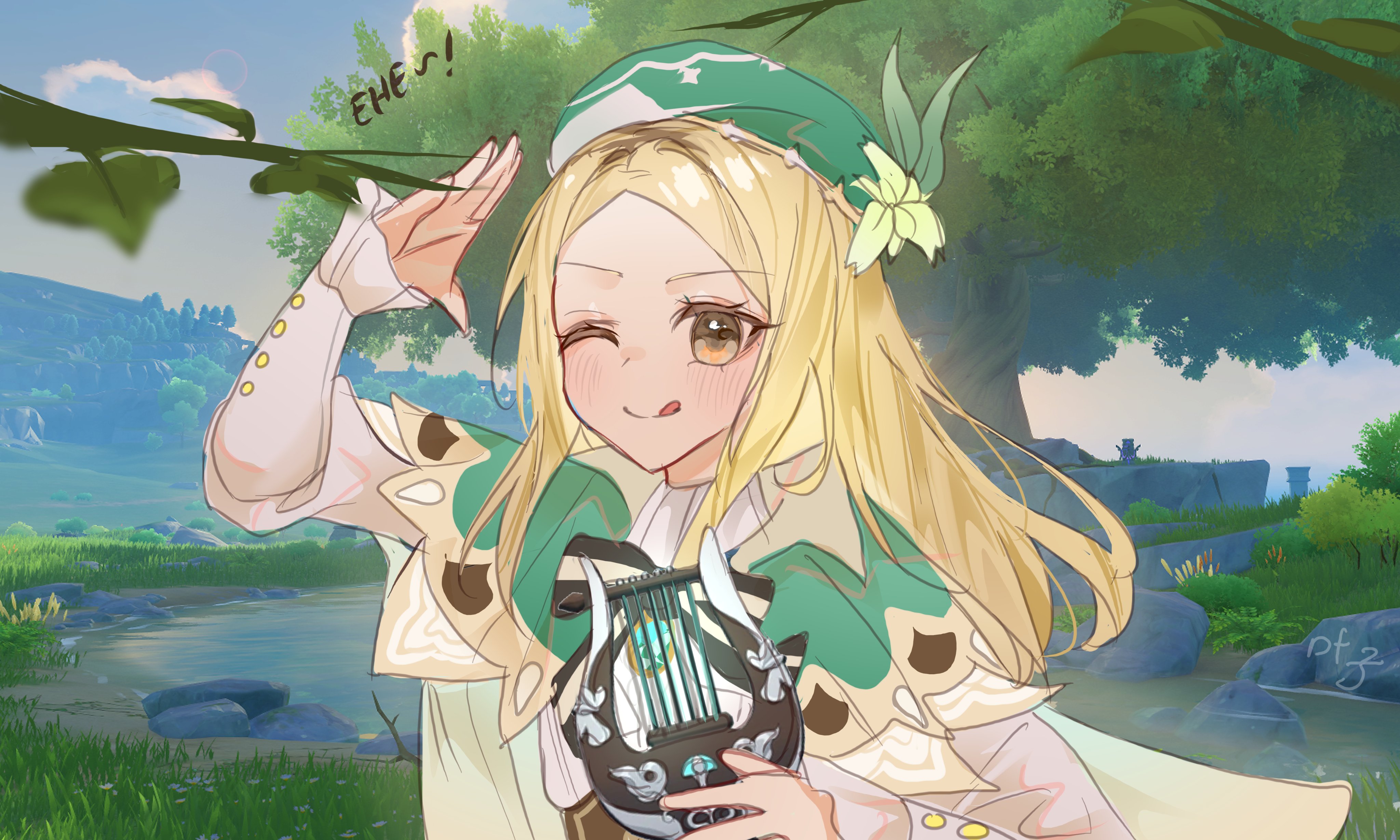 kanako (fuwachu), erika harlacher, venti (genshin impact), genshin impact, real life, absurdres, commentary, english commentary, highres, 1girl, animification, bard, beret, blue eyes, branch, bush, cape, capelet, cloud, collared cape, cosplay, day, english text, flower, game screenshot background, grass, green cape, green capelet, green eyes, green hat, hair ornament, hand up, hat, hat flower, holding, holding instrument, in-universe location, instrument, leaf, long hair, long sleeves, looking at viewer, lyre, mountainous horizon, outdoors, plant, pond, rock, screenshot background, shirt, sidelocks, signature, sky, smile, solo, tongue, tongue out, tree, upper body, venti (genshin impact) (cosplay), voice actor, voice actor connection, water, white flower, white shirt