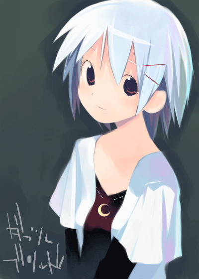 asami natsuhito, original, archived source, translation request, aqua background, black shirt, black sleeves, blue hair, breasts, brown eyes, closed mouth, crescent, dot nose, hair between eyes, hair ornament, hairclip, jacket, layered sleeves, long sleeves, looking at viewer, medium hair, no lineart, no sclera, open clothes, open jacket, ribbon-trimmed shirt, ribbon trim, shirt, short over long sleeves, short sleeves, simple background, small breasts, smile, upper body, white jacket, white sleeves, wide sleeves