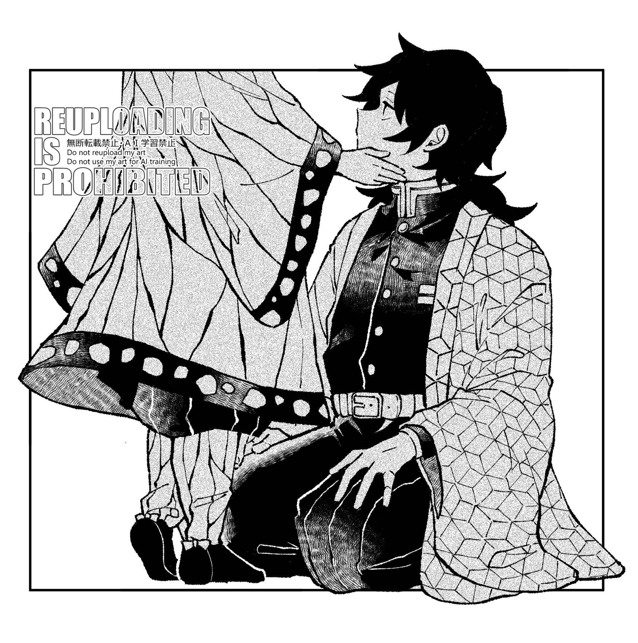 saika 102, kochou shinobu, tomioka giyuu, kimetsu no yaiba, highres, 1boy, 1girl, belt, black hair, black jacket, black pants, black socks, border, butterfly print haori, demon slayer uniform, greyscale, hakama, hakama pants, hand on another's cheek, hand on another's face, haori, hetero, jacket, japanese clothes, kneeling, long hair, looking at another, monochrome, pants, print haori, socks, white background, white belt, white border