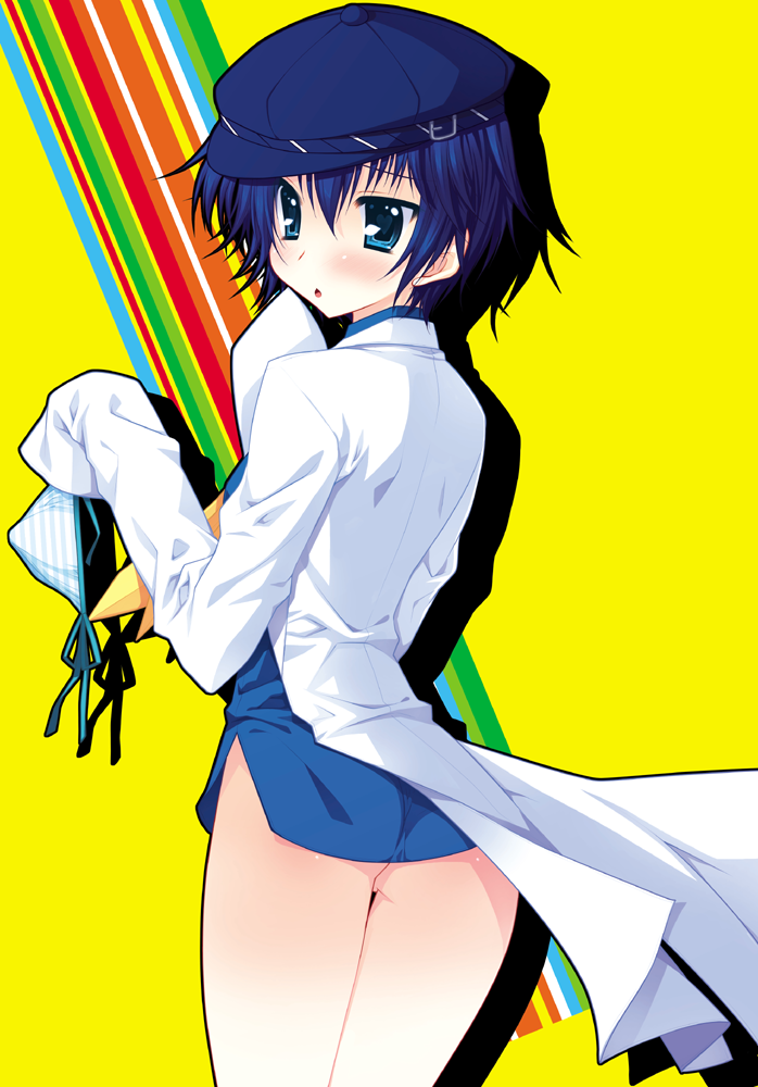 araiguma, shirogane naoto, atlus, persona, persona 4, bad id, bad pixiv id, 1girl, androgynous, blue eyes, blue hair, blush, female focus, hat, matching hair/eyes, newsboy cap, no panties, panties, rainbow, reverse trap, short hair, side-tie panties, solo, underwear, undressing
