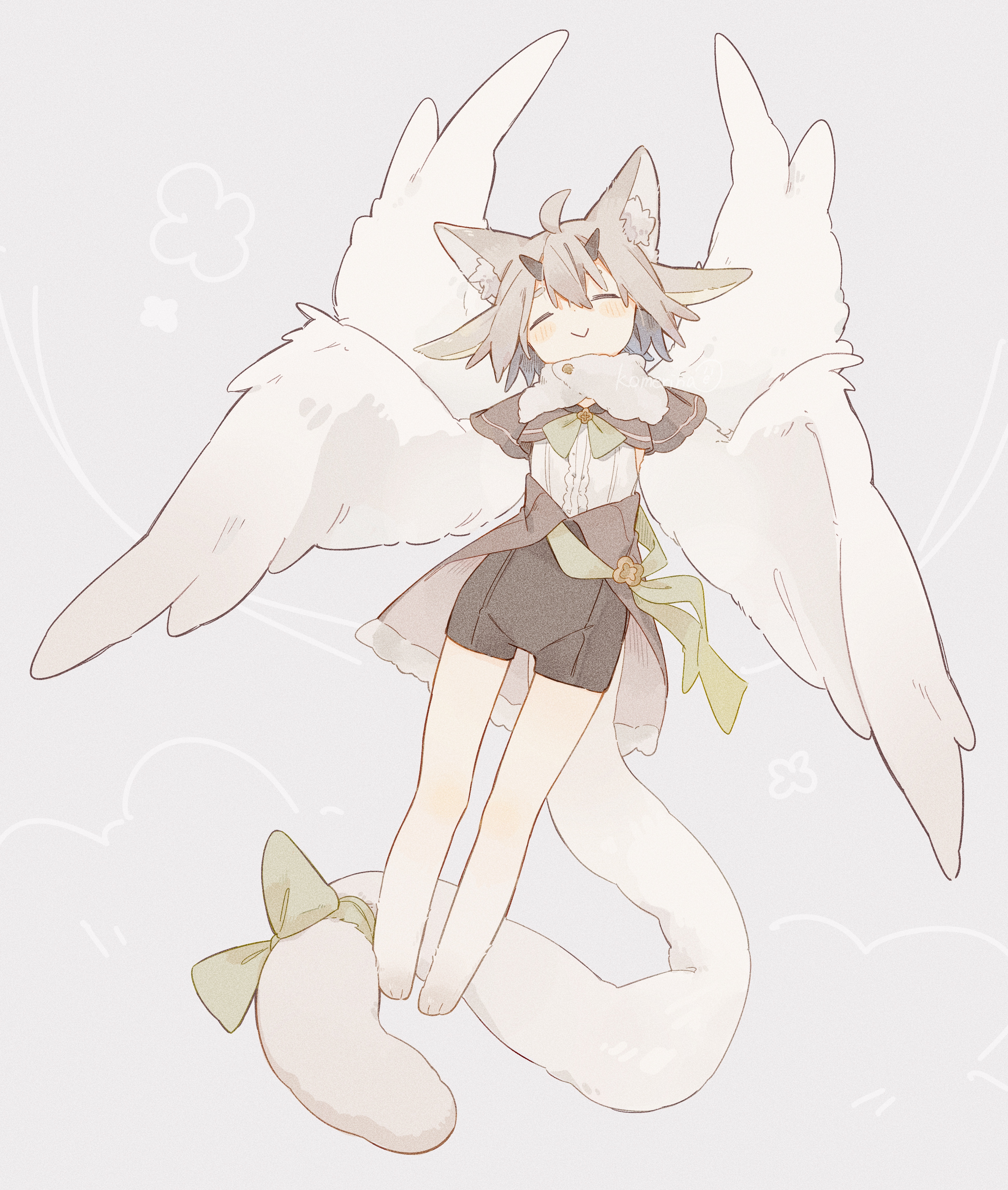 komerina, original, absurdres, commentary, highres, 1girl, :>, ahoge, animal ear fluff, animal ears, artist name, barefoot, black horns, blush, bow, brown capelet, brown shorts, capelet, closed eyes, closed mouth, cloud background, dot nose, double-parted bangs, extra ears, feathered wings, flat chest, fluffy, flying, full body, fur scarf, green bow, green ribbon, green sash, grey background, grey hair, hair between eyes, head tilt, horns, medium hair, monster girl, multiple wings, ribbon, sash, scarf, shirt, shorts, sidelocks, simple background, sleeveless, sleeveless shirt, small horns, smile, solo, tail, tail bow, tail ornament, tail ribbon, white scarf, white shirt, white wings, wings