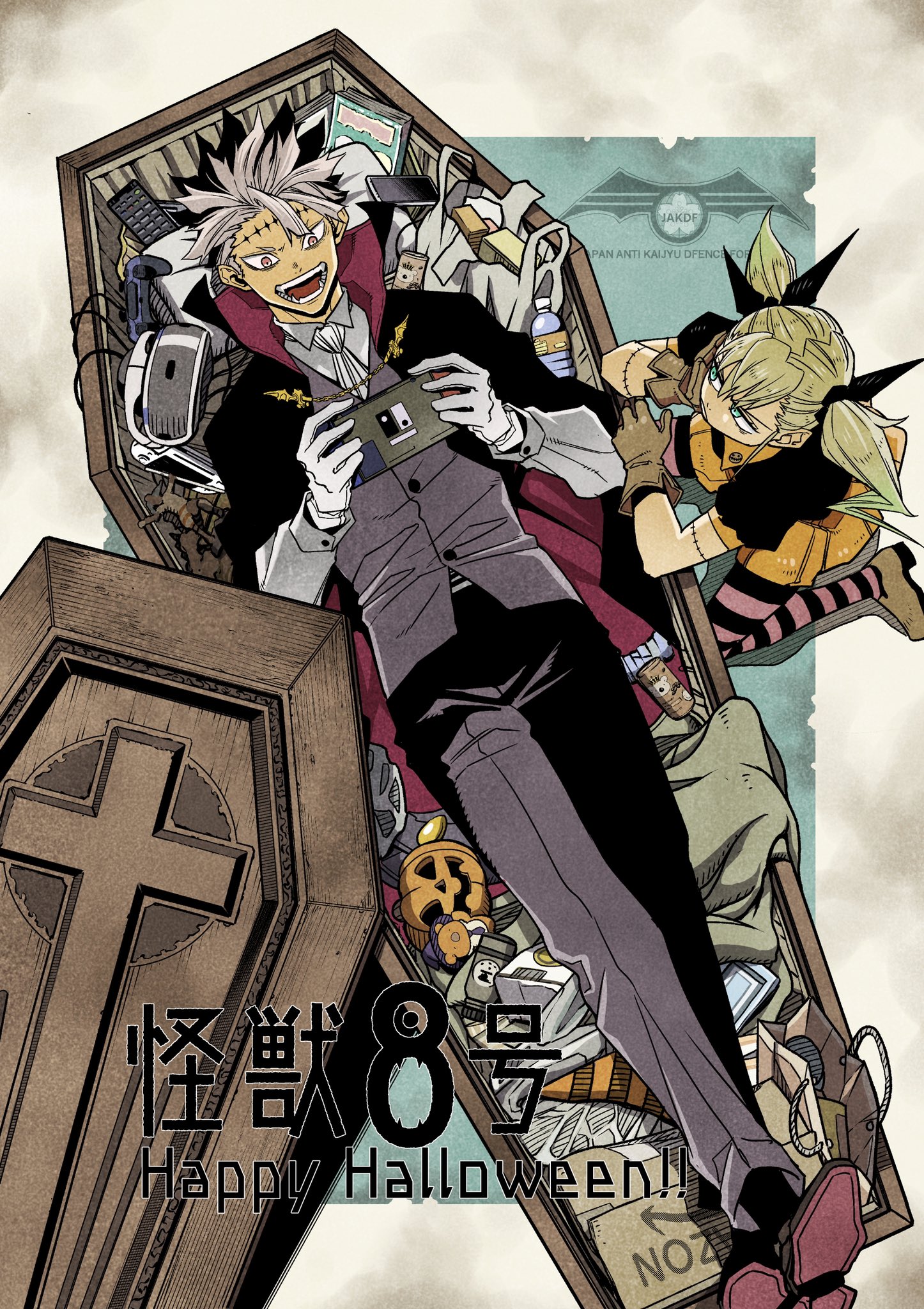 matsumoto naoya, narumi gen, shinomiya kikoru, kaijuu no. 8, commentary request, highres, official art, 1boy, 1girl, ascot, bag, bat necklace, black cape, black hair, black ribbon, blonde hair, bottle, box, brown gloves, brown shoes, can, cape, cardboard box, cellphone, coffin, collared shirt, colored shoe soles, controller, copyright name, cross, crossed ankles, dress, english text, fangs, figure, frown, game console, game controller, gloves, gold necklace, green eyes, grey hair, grey pants, grey vest, hair between eyes, hair ribbon, halloween, halloween costume, hand on own cheek, hand on own face, happy halloween, head-mounted display, high collar, jack-o'-lantern, jester, jewelry, kneeling, long hair, long sleeves, looking at another, lying, multicolored hair, necklace, nintendo switch, oculus headset, official alternate costume, on back, open mouth, orange dress, pants, paper bag, phone, pillow, pink eyes, plastic bag, playing games, red cape, remote control, ribbon, shirt, shoe soles, shoes, shopping bag, short hair, sitting, smartphone, smile, stitched arm, stitched forehead, stitches, striped clothes, striped thighhighs, thighhighs, twintails, two-sided cape, two-sided fabric, two-tone dress, two-tone hair, vampire costume, vest, white ascot, white gloves, white shirt