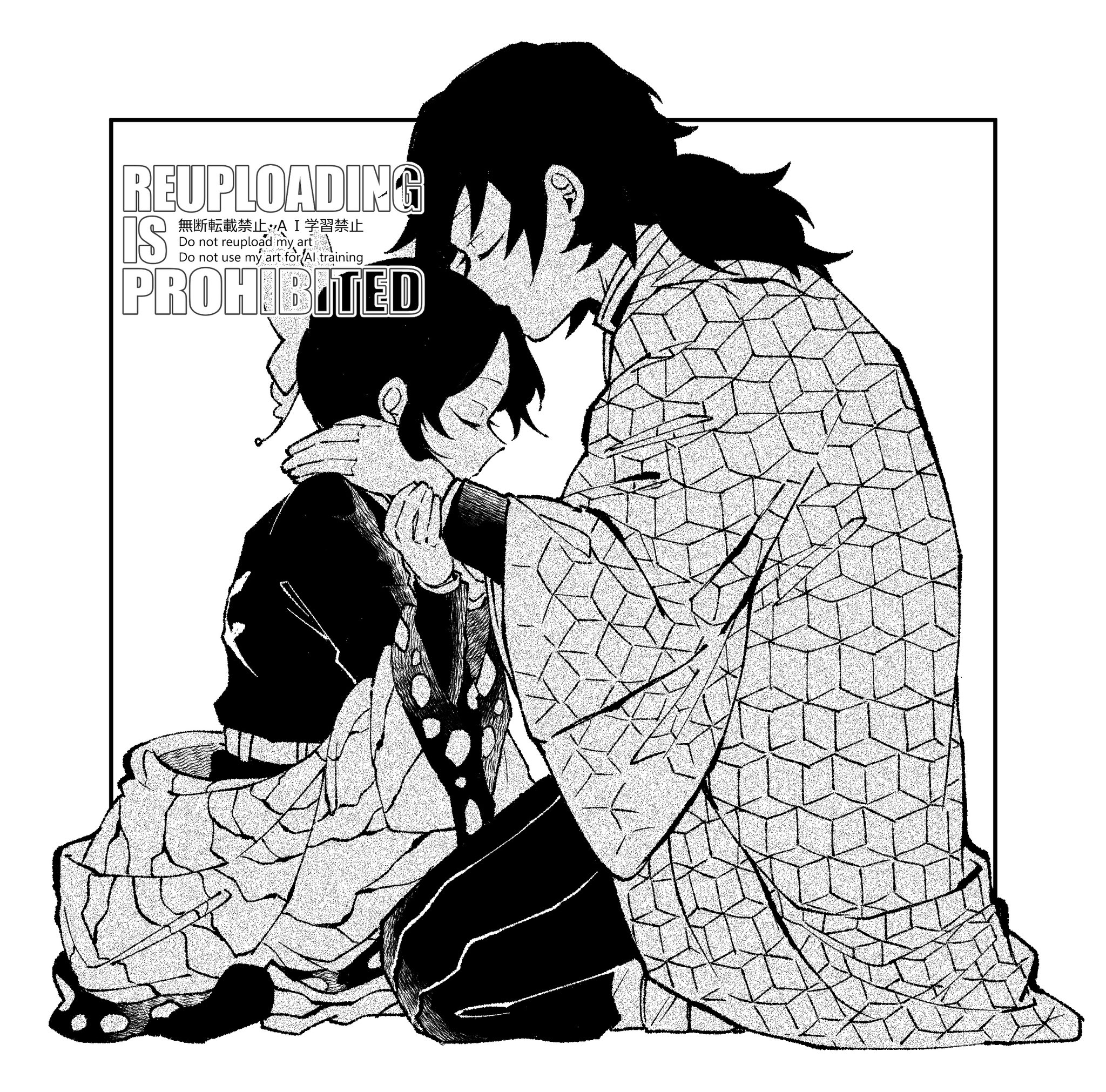 saika 102, kochou shinobu, tomioka giyuu, kimetsu no yaiba, highres, 1boy, 1girl, black hair, black jacket, black pants, border, butterfly hair ornament, butterfly print haori, closed eyes, couple, demon slayer uniform, full body, greyscale, hair ornament, hakama, hakama pants, hand on another's neck, hand on another's wrist, haori, hetero, jacket, japanese clothes, kissing hair, kneeling, long hair, monochrome, no shoes, pants, parted bangs, print haori, sidelocks, updo, white background, white border